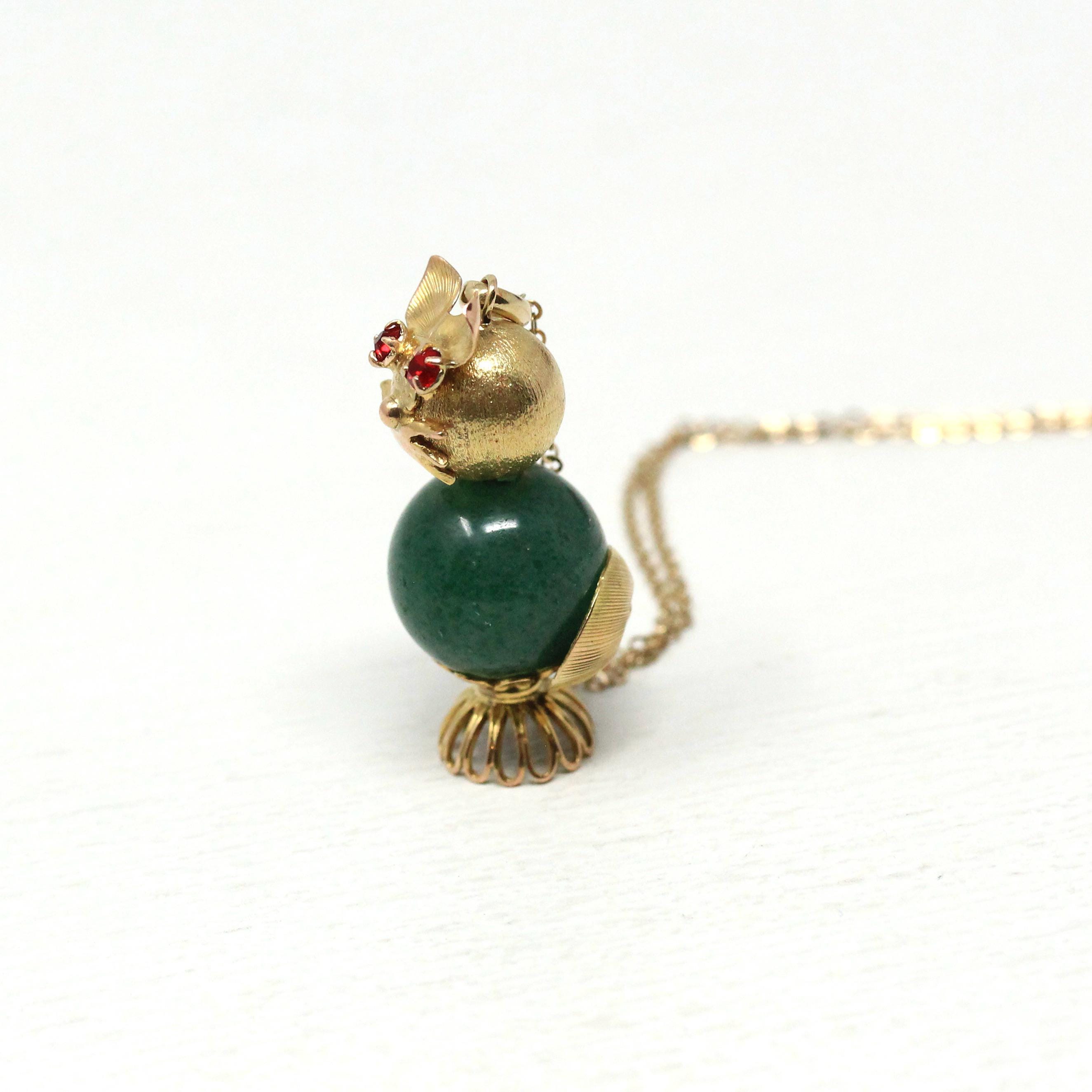 Gemstone Cat Charm - Retro Era 10k Yellow Gold Genuine Aventurine Bead Pendant - Circa 1970s Assembled Kitty Fine Figural Feline Jewelry