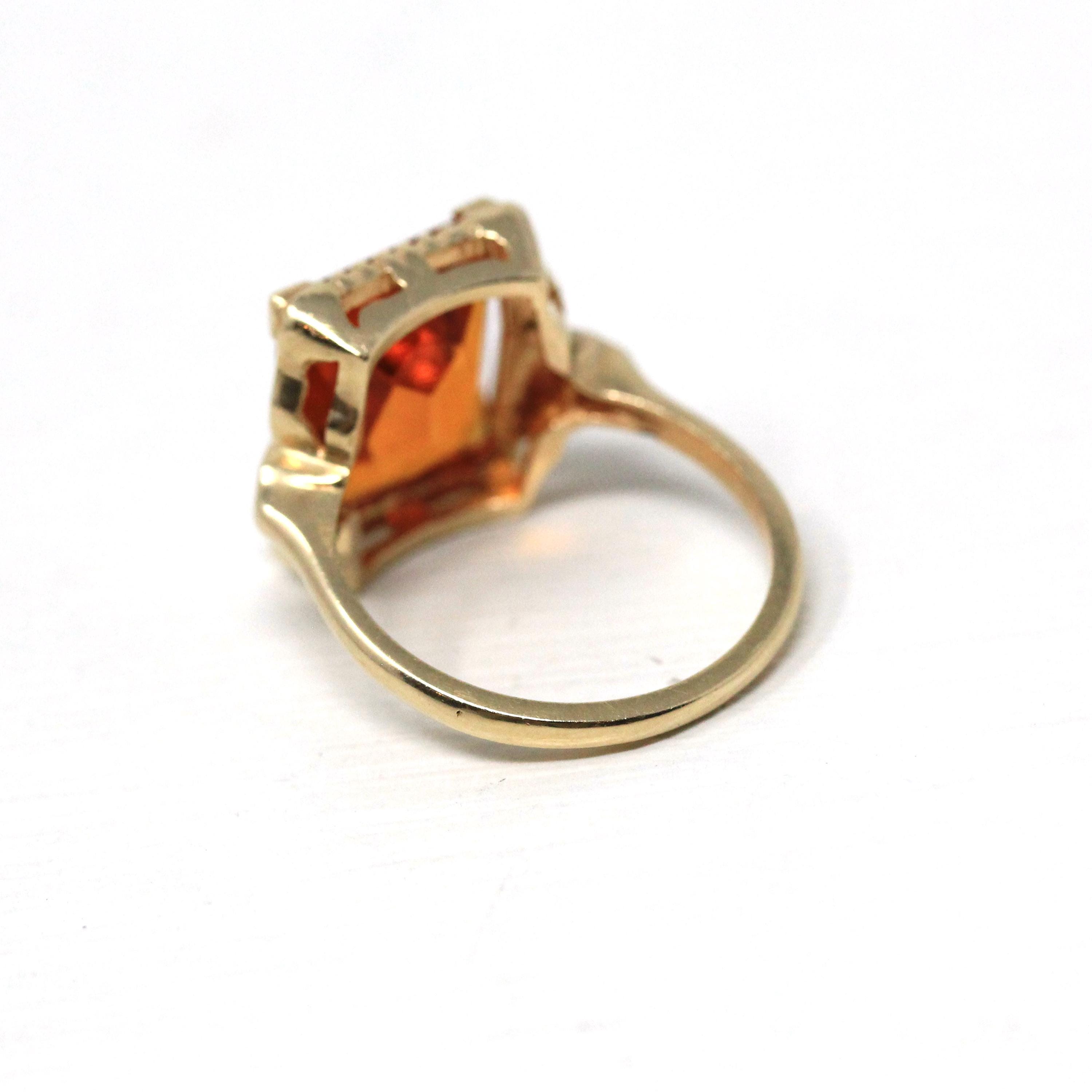 Simulated Citrine Ring - Retro 10k Yellow Gold Rectangular Faceted Orange Glass Stone - Circa 1940s Era Size 6 Fine New Old Stock Jewelry