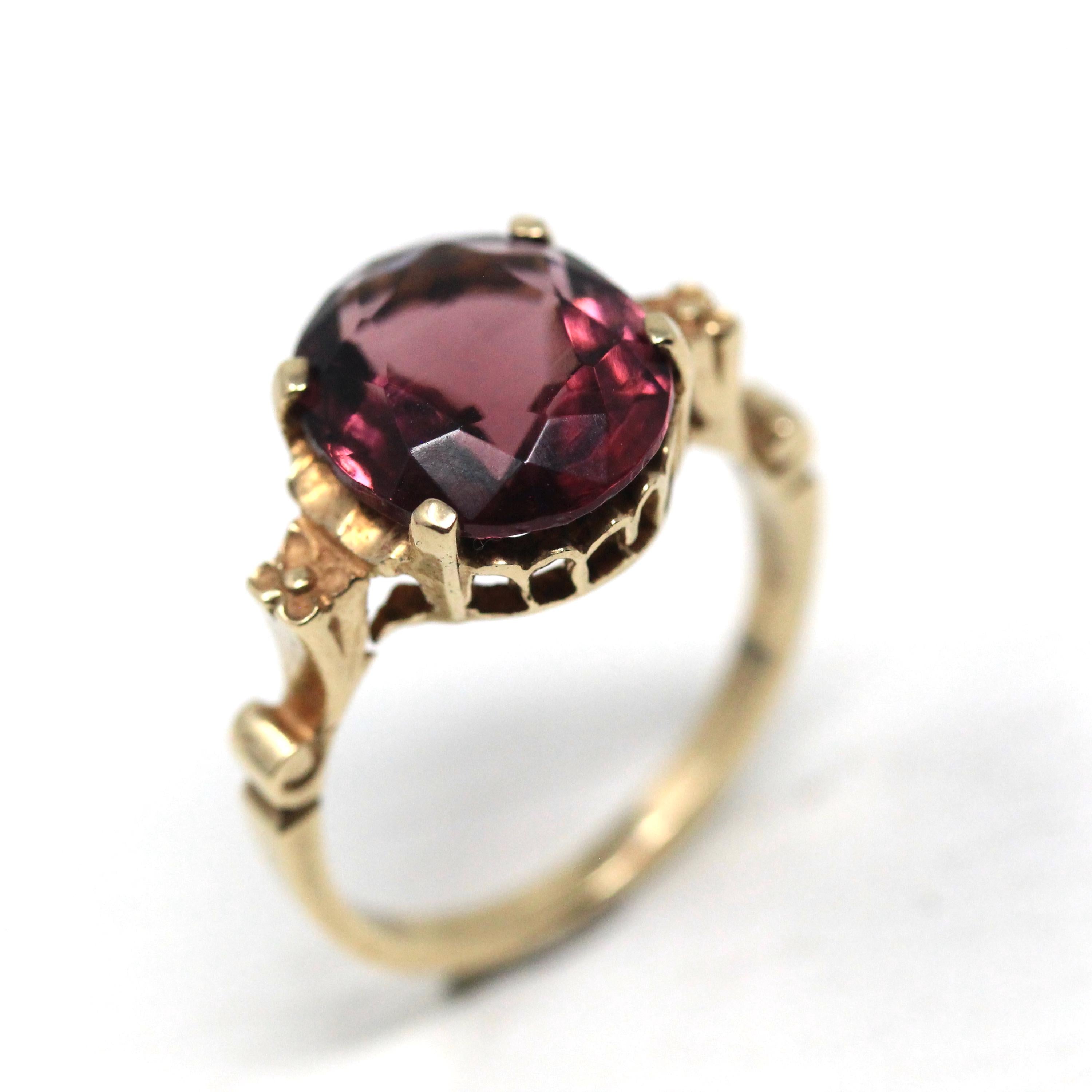 Simulated Amethyst Ring - Retro 10k Yellow Gold Oval Faceted Purple Glass Stone - Circa 1940s Era Size 6 1/2 Fine New Old Stock 40s Jewelry