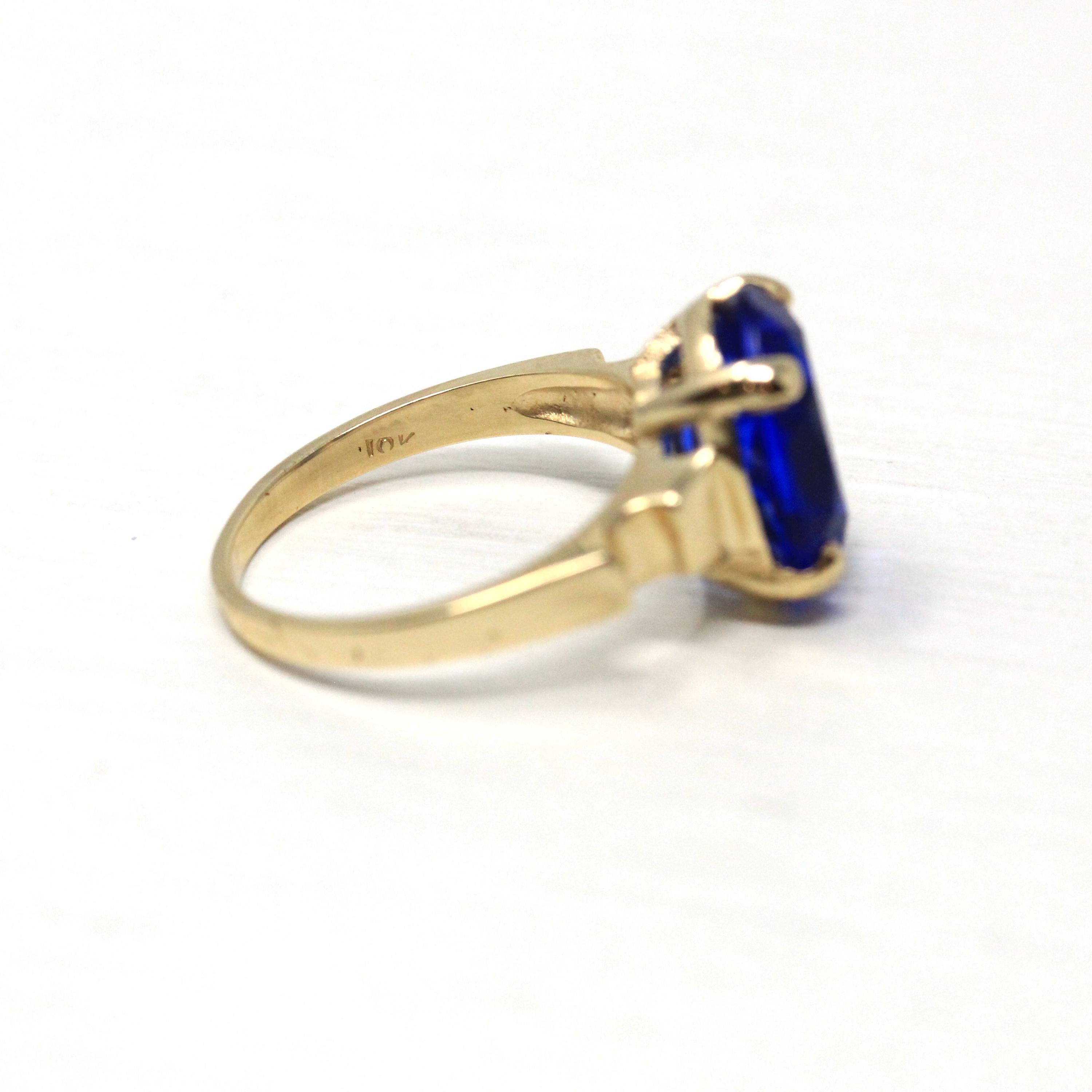 Retro Statement Ring - Vintage Era 10k Yellow Gold Oval Cut Simulated Sapphire Statement - Circa 1940s Size 6 Solitaire Glass Fine Jewelry