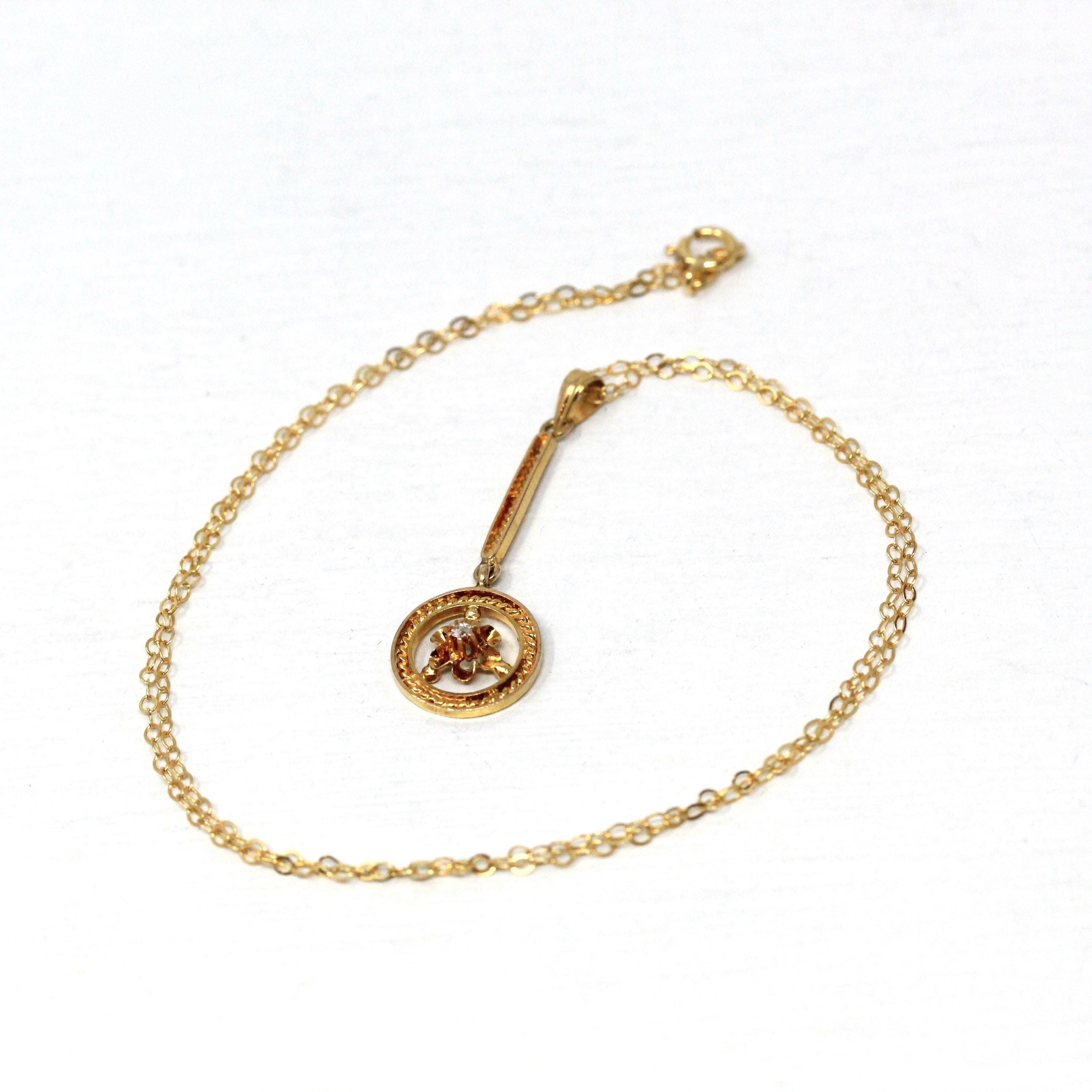 Antique Lavalier Necklace - Edwardian 10k Yellow Gold Genuine Diamond Gemstone Pendant Circa 1910s Rope Style Dainty Buttercup Fine Jewelry