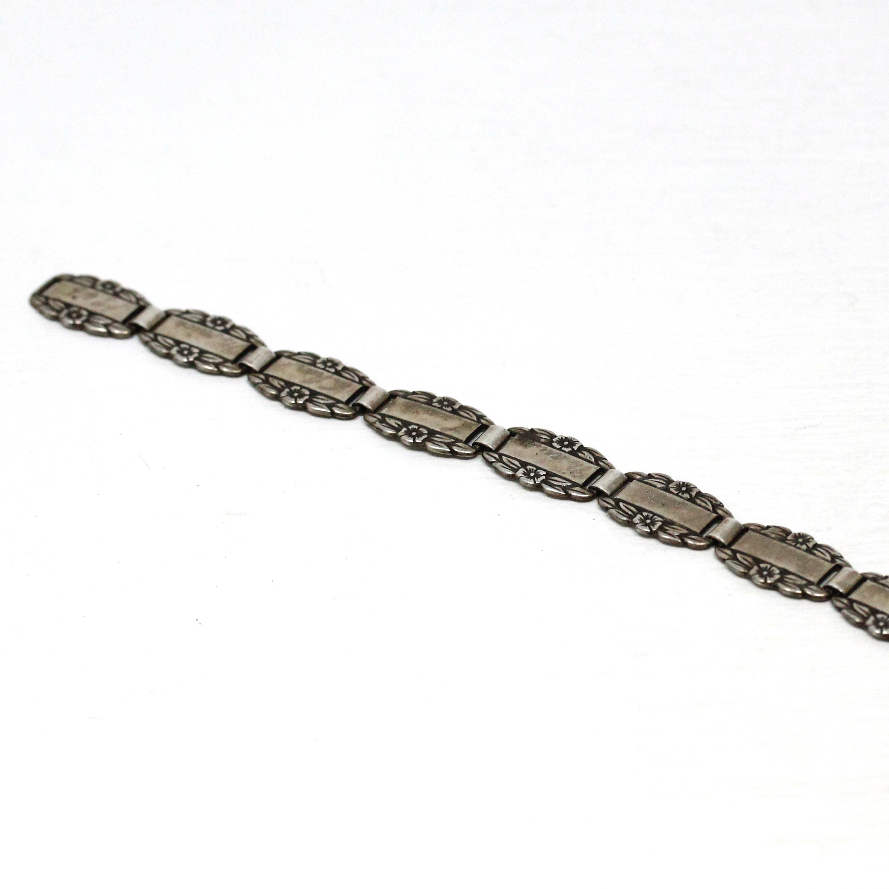 Forget Me Not Bracelet - Retro Sterling Silver Engraved Floral Panels 6 Inches - Vintage Dated 1945 Engraved Names Flower Family Jewelry