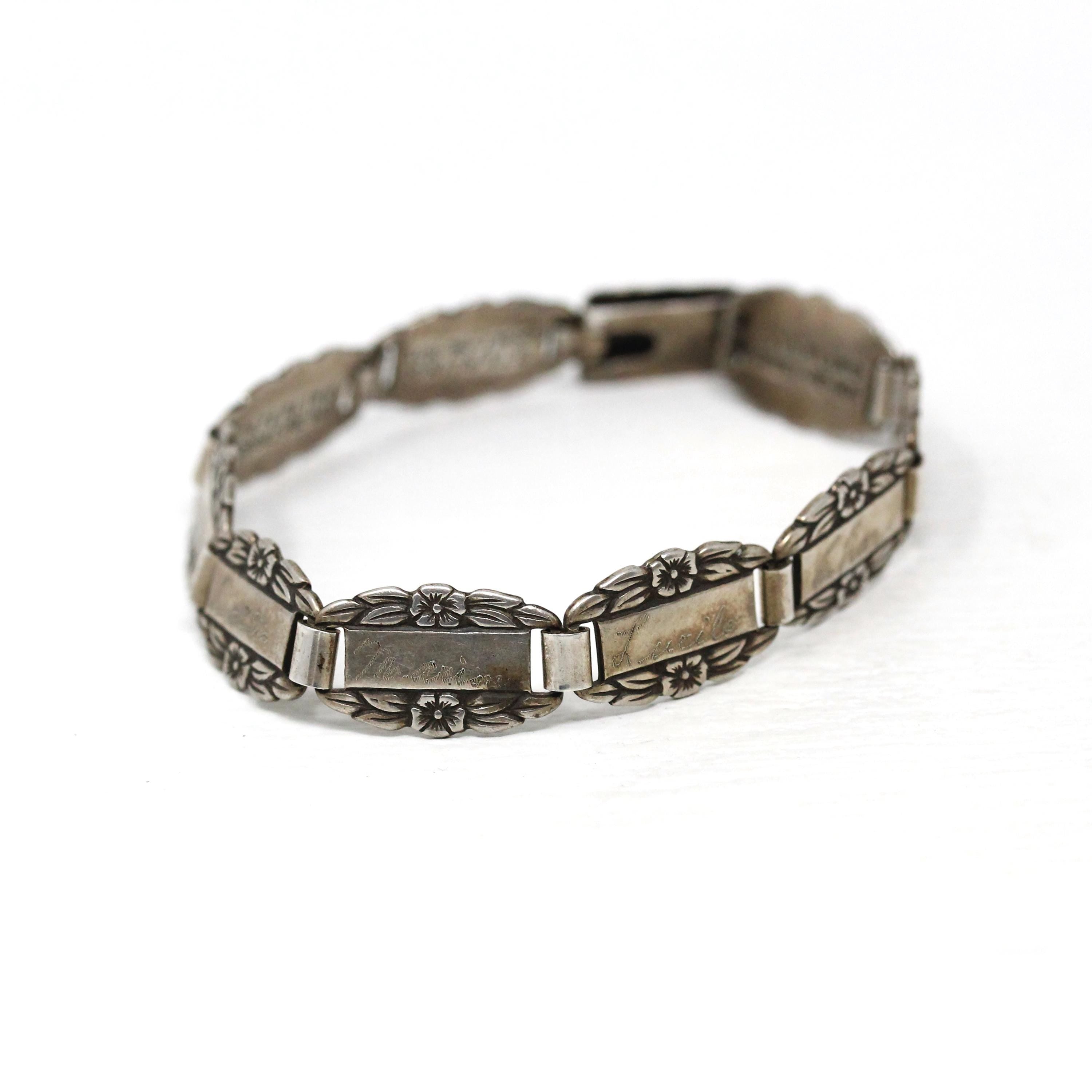 Forget Me Not Bracelet - Retro Sterling Silver Engraved Floral Panels 6 Inches - Vintage Dated 1945 Engraved Names Flower Family Jewelry