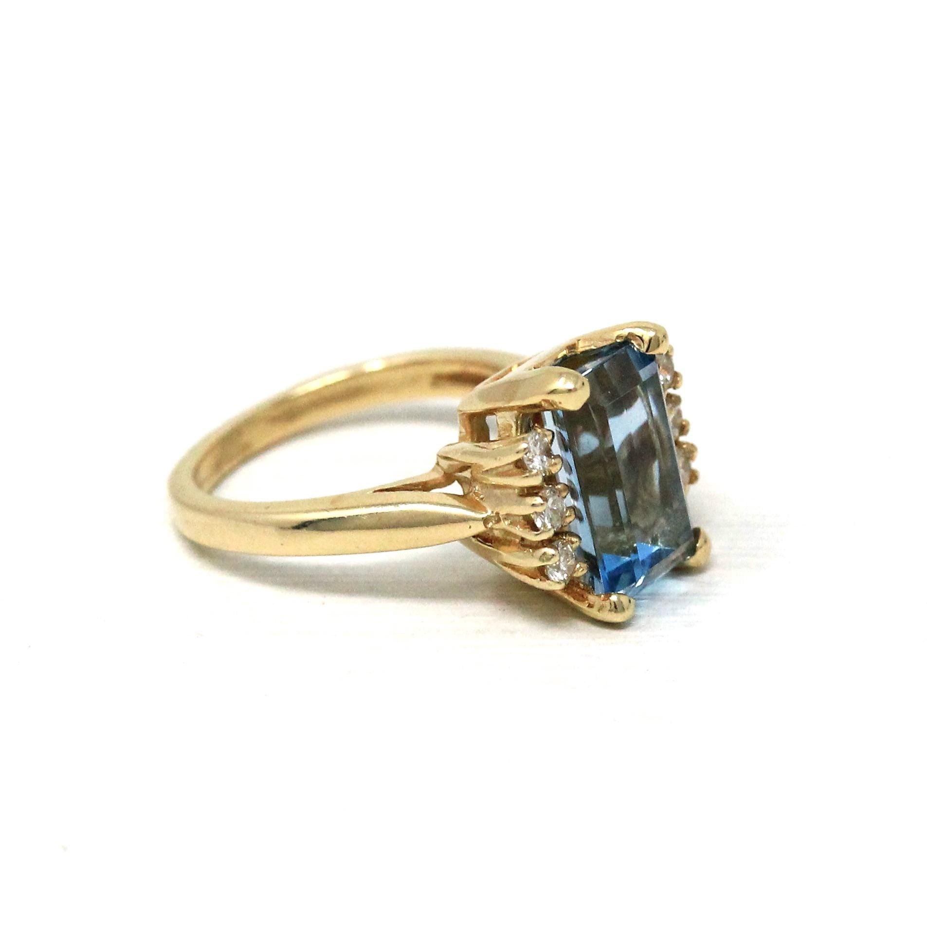 Created Aquamarine & Diamond Ring - Estate 14k Yellow Gold Emerald Cut Blue Stone - Modern 2000s Size 3 3/4 Diamonds Engagement Fine Jewelry