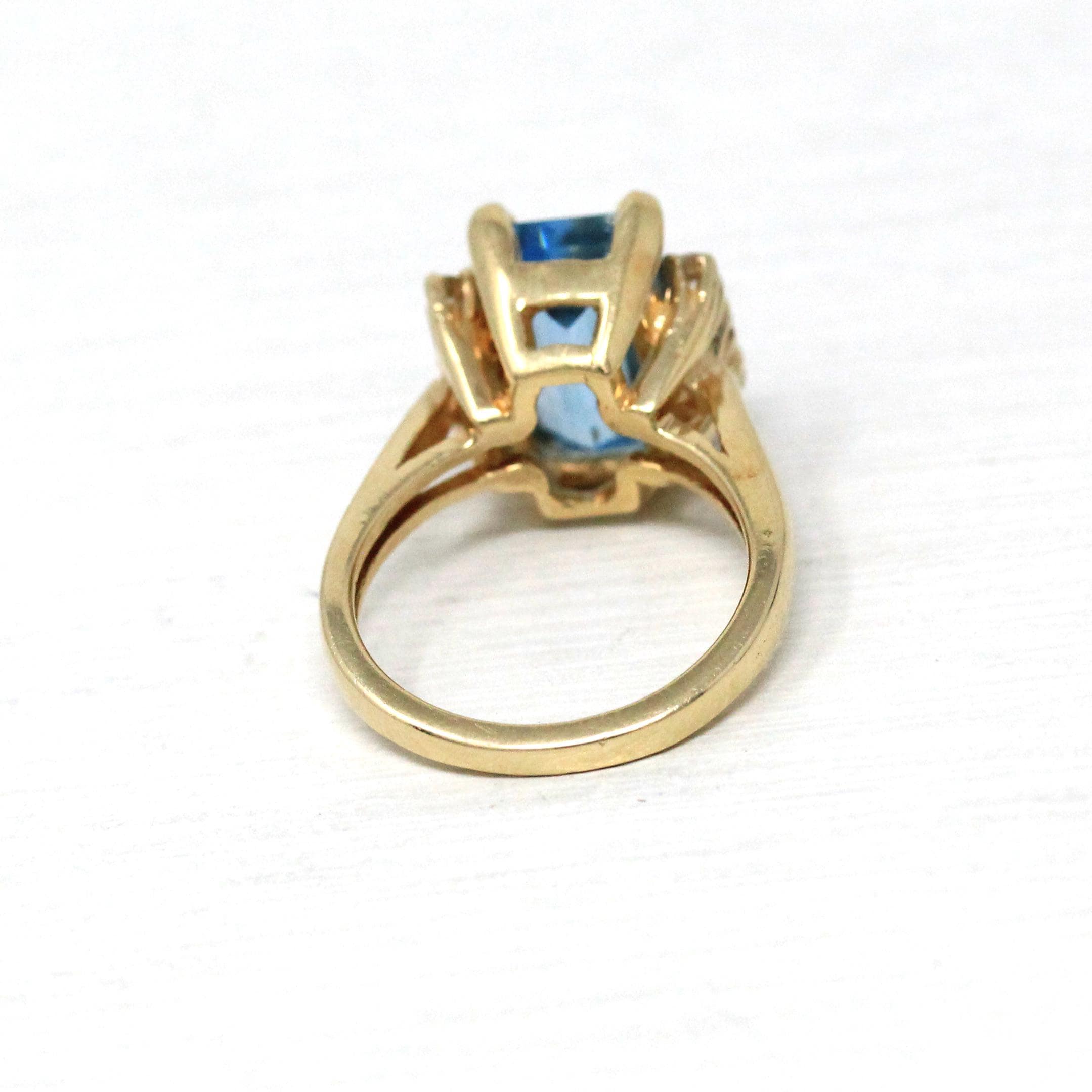 Created Aquamarine & Diamond Ring - Estate 14k Yellow Gold Emerald Cut Blue Stone - Modern 2000s Size 3 3/4 Diamonds Engagement Fine Jewelry