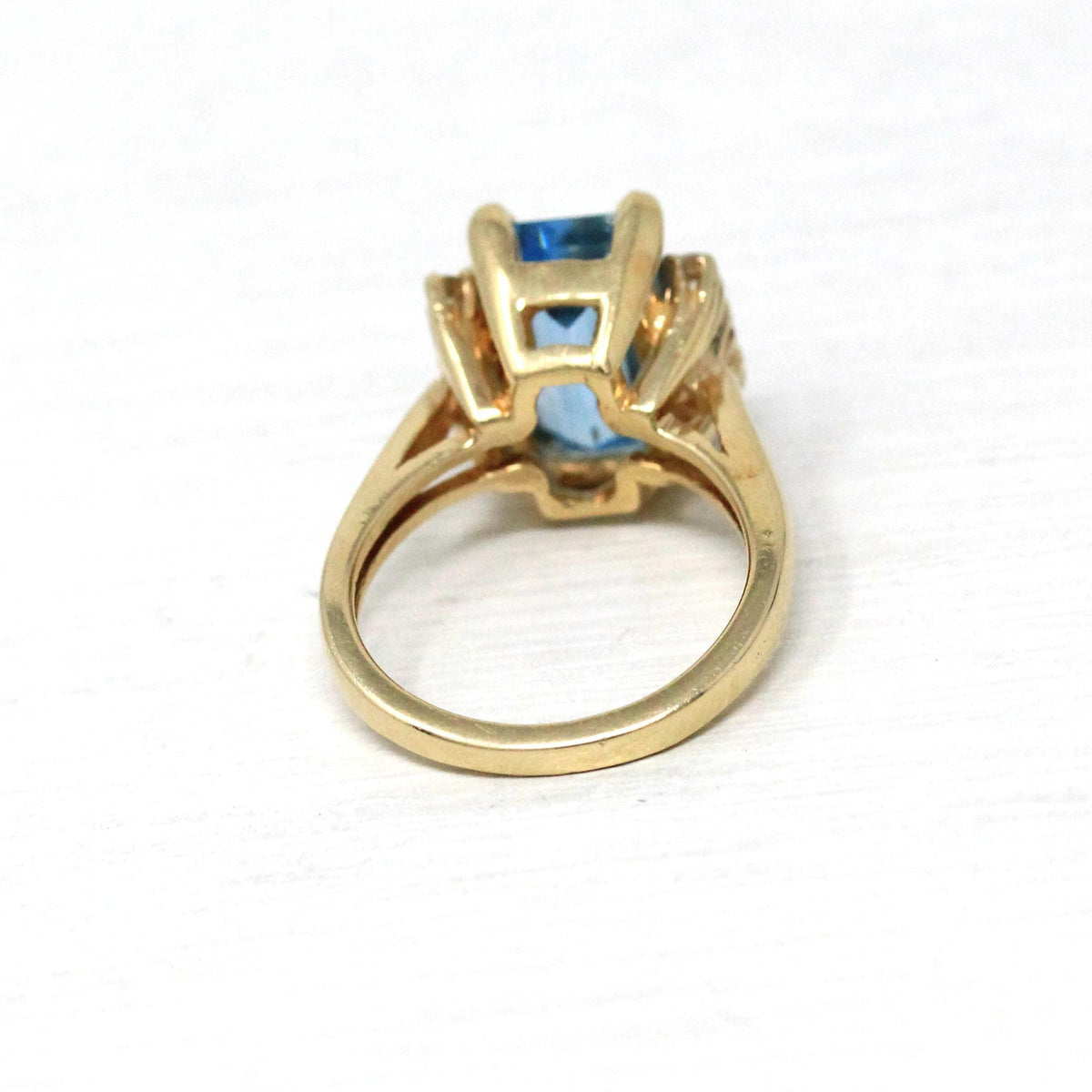 Created Aquamarine & Diamond Ring - Estate 14k Yellow Gold Emerald Cut Blue Stone - Modern 2000s Size 3 3/4 Diamonds Engagement Fine Jewelry