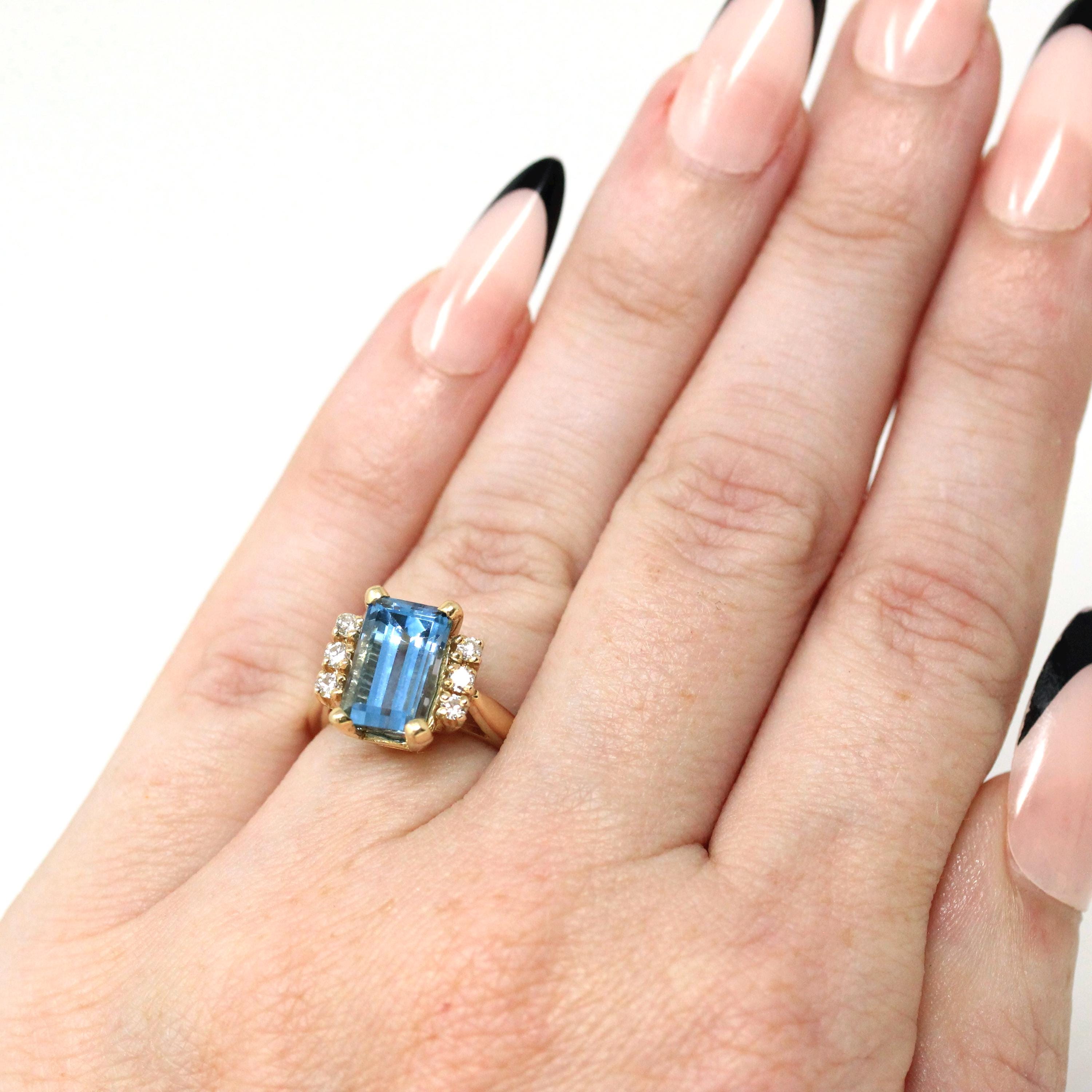 Created Aquamarine & Diamond Ring - Estate 14k Yellow Gold Emerald Cut Blue Stone - Modern 2000s Size 3 3/4 Diamonds Engagement Fine Jewelry