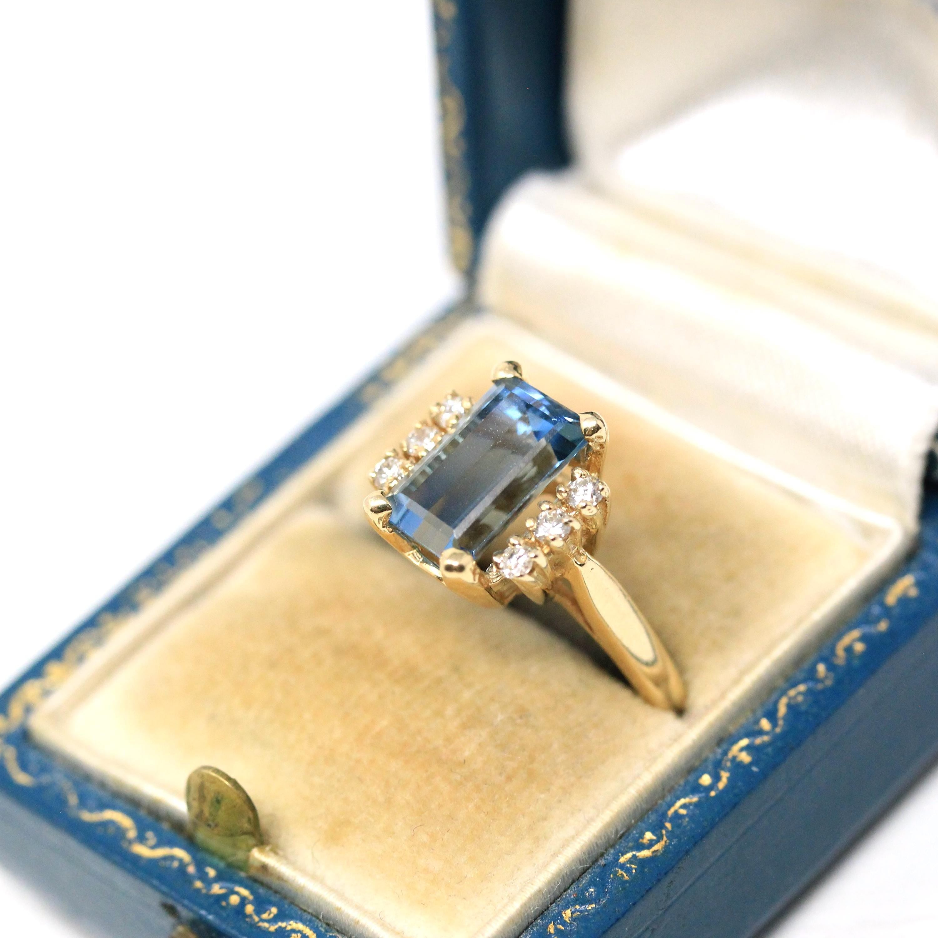 Created Aquamarine & Diamond Ring - Estate 14k Yellow Gold Emerald Cut Blue Stone - Modern 2000s Size 3 3/4 Diamonds Engagement Fine Jewelry