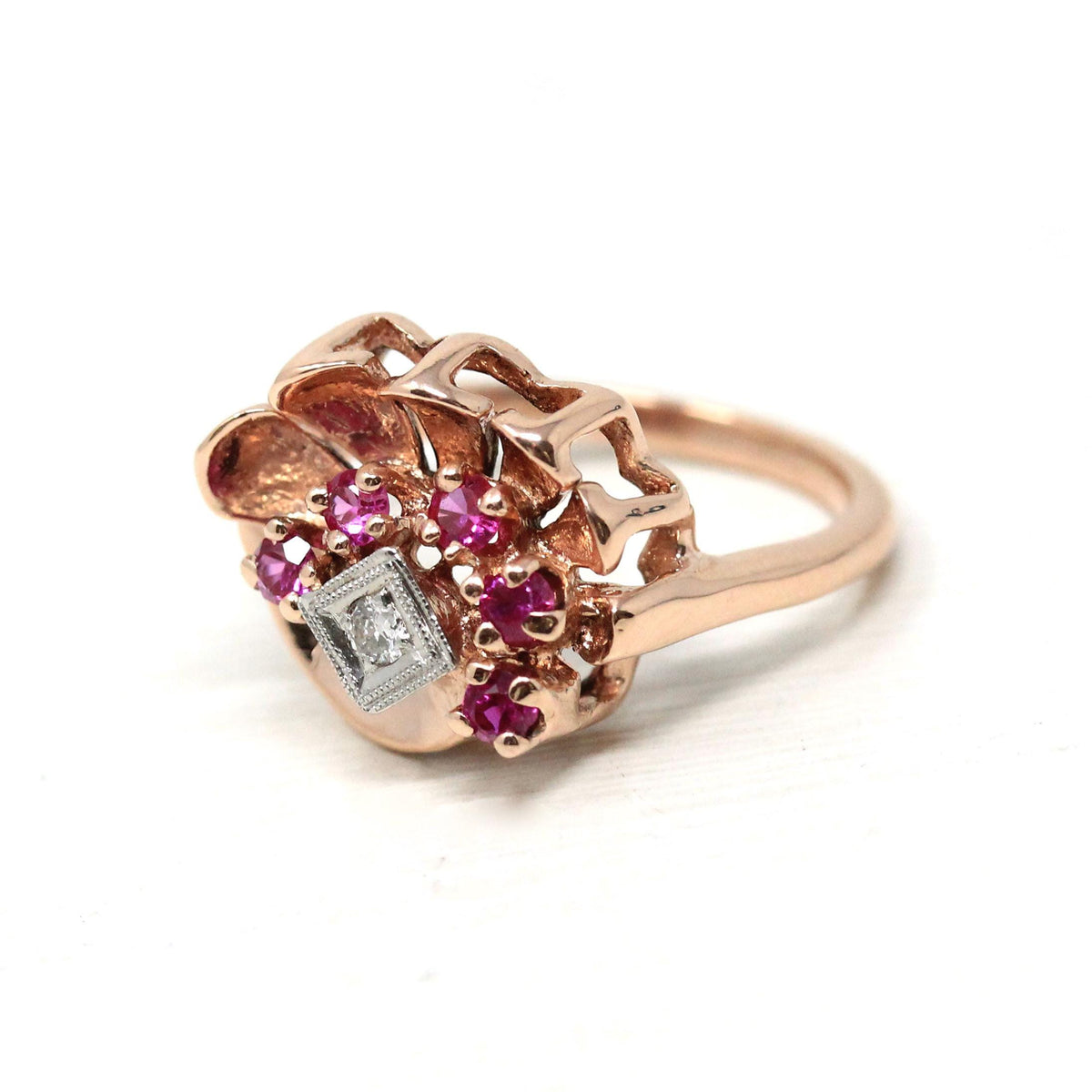 Retro Cocktail Ring - Vintage 14k Rose Gold Created Rubies Natural Diamond Gemstones - Circa 1940s Era Size 7 3/4 Fan Swirl Fine 40s Jewelry
