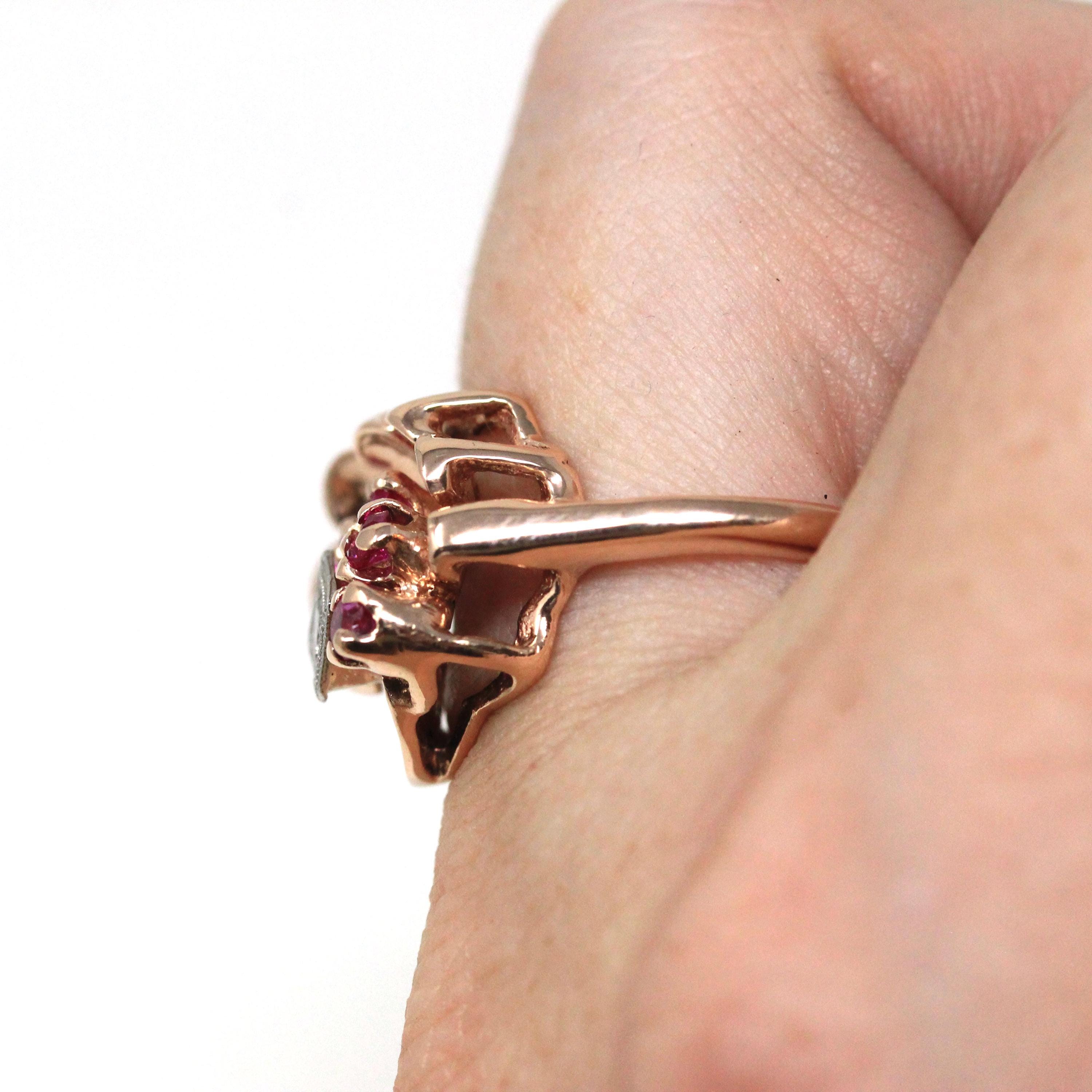 Retro Cocktail Ring - Vintage 14k Rose Gold Created Rubies Natural Diamond Gemstones - Circa 1940s Era Size 7 3/4 Fan Swirl Fine 40s Jewelry