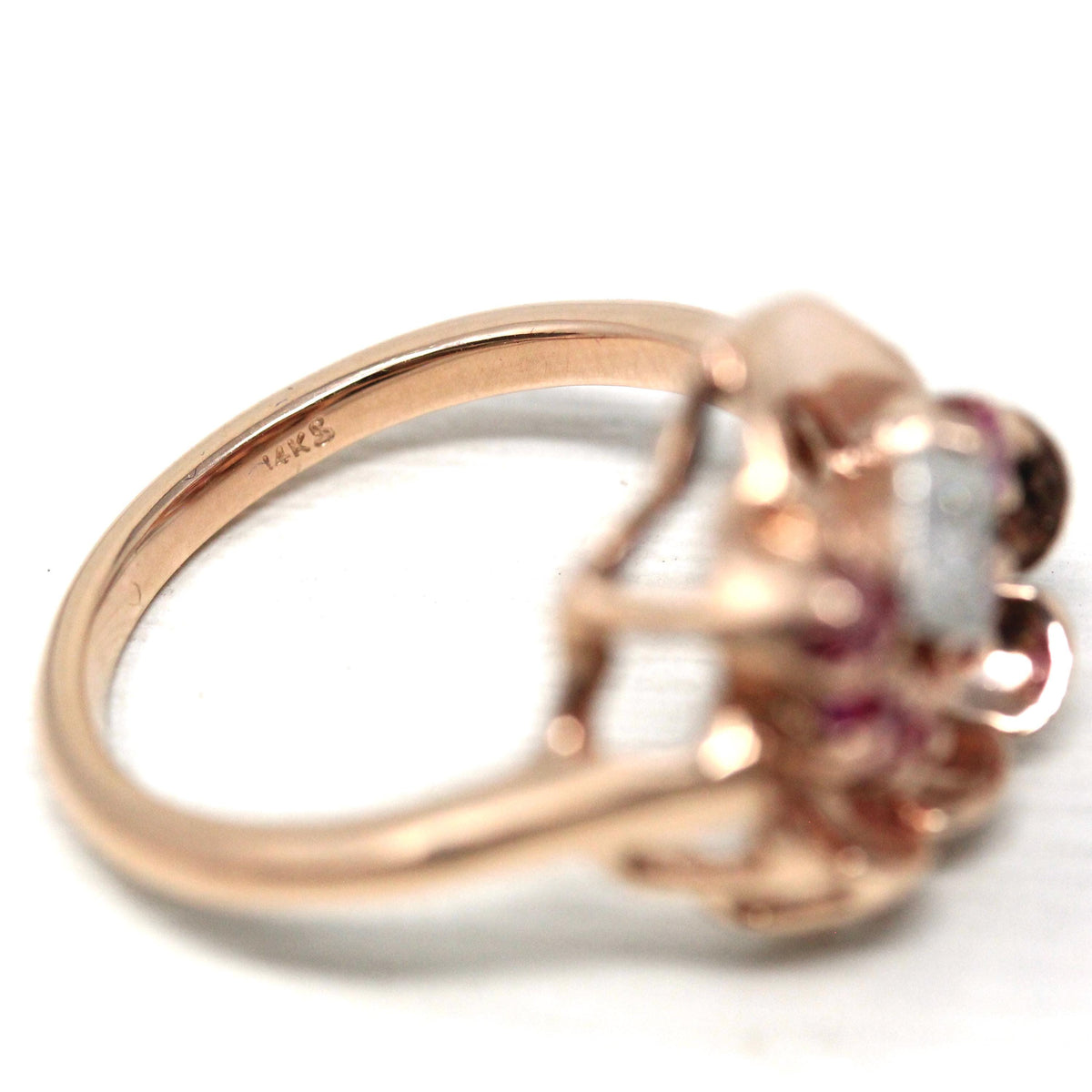 Retro Cocktail Ring - Vintage 14k Rose Gold Created Rubies Natural Diamond Gemstones - Circa 1940s Era Size 7 3/4 Fan Swirl Fine 40s Jewelry