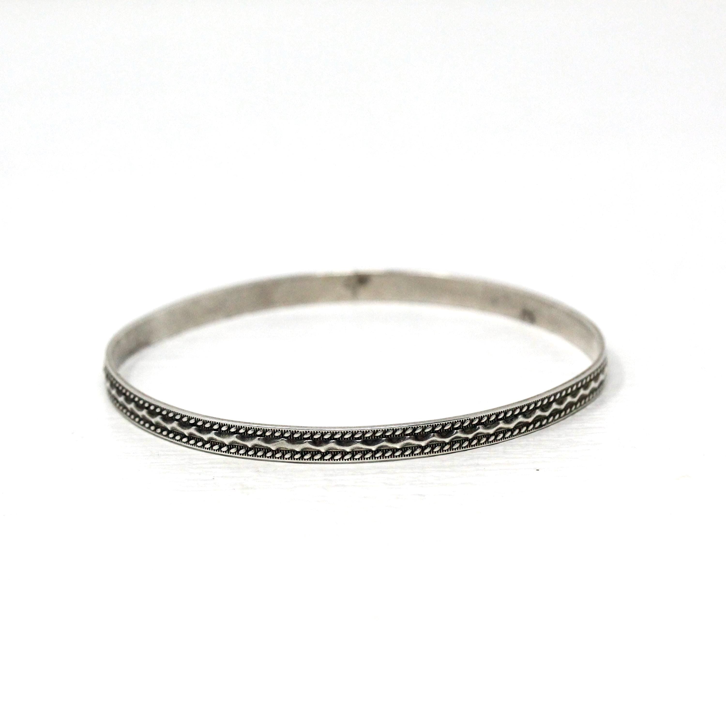 Vintage Sterling Silver Bracelet - Retro Engraved Eternity Designs Skinny Bangle - Circa 1960s Era Statement Stacking Accessory 60s Jewelry
