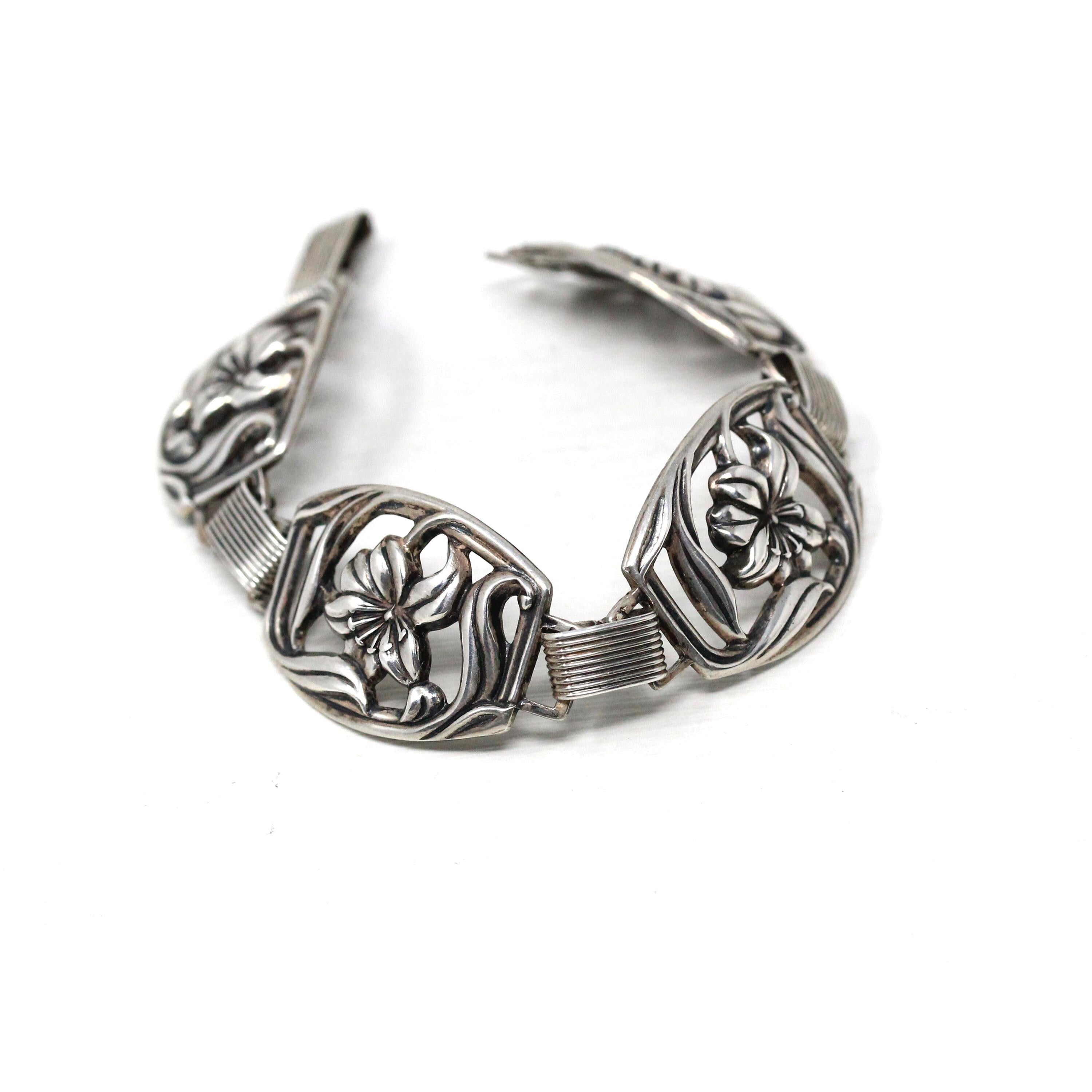 Vintage Flower Bracelet - Retro Sterling Silver Floral Nature Inspired Panel Clasp Statement - Circa 1960s Era Fashion Accessory 60s Jewelry