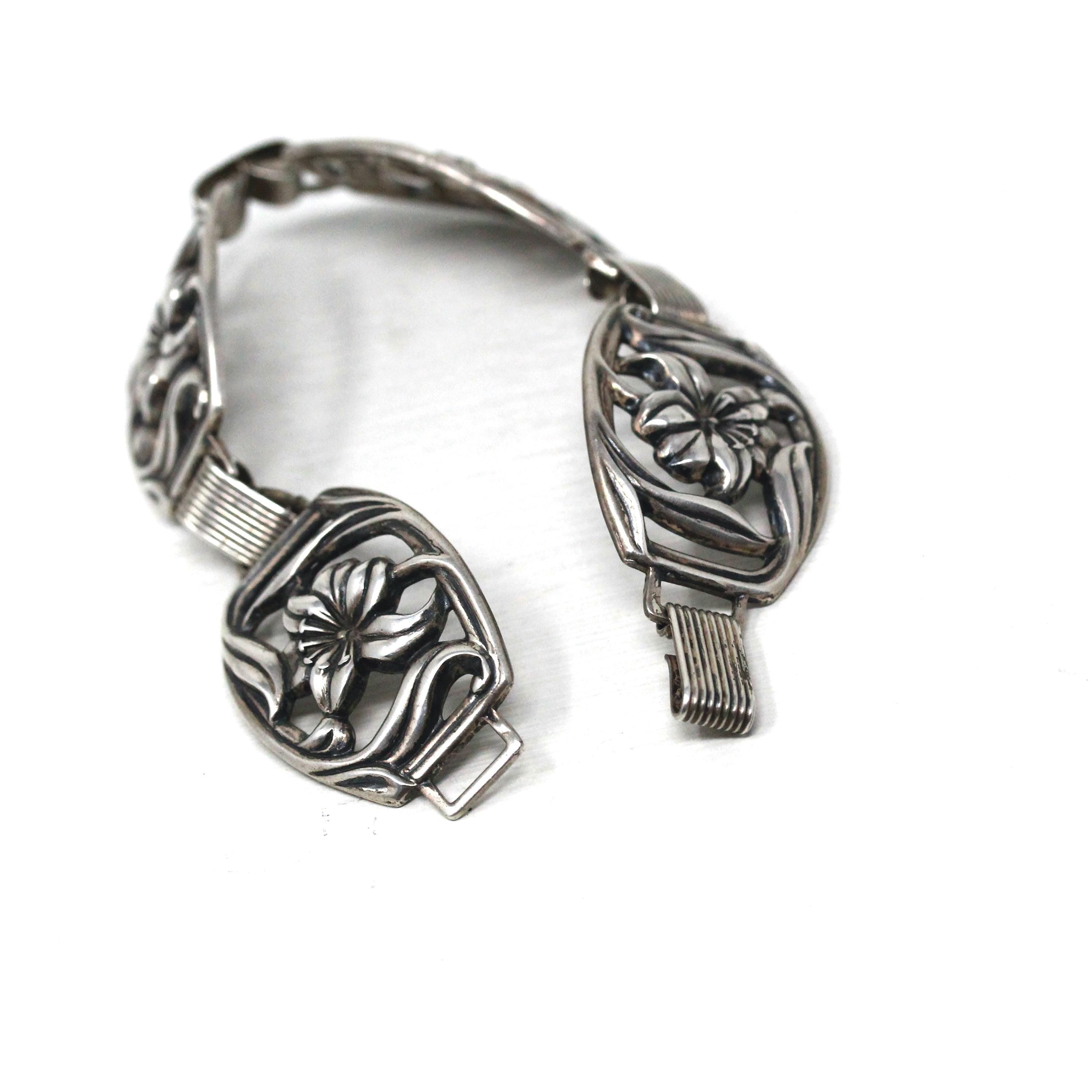 Vintage Flower Bracelet - Retro Sterling Silver Floral Nature Inspired Panel Clasp Statement - Circa 1960s Era Fashion Accessory 60s Jewelry