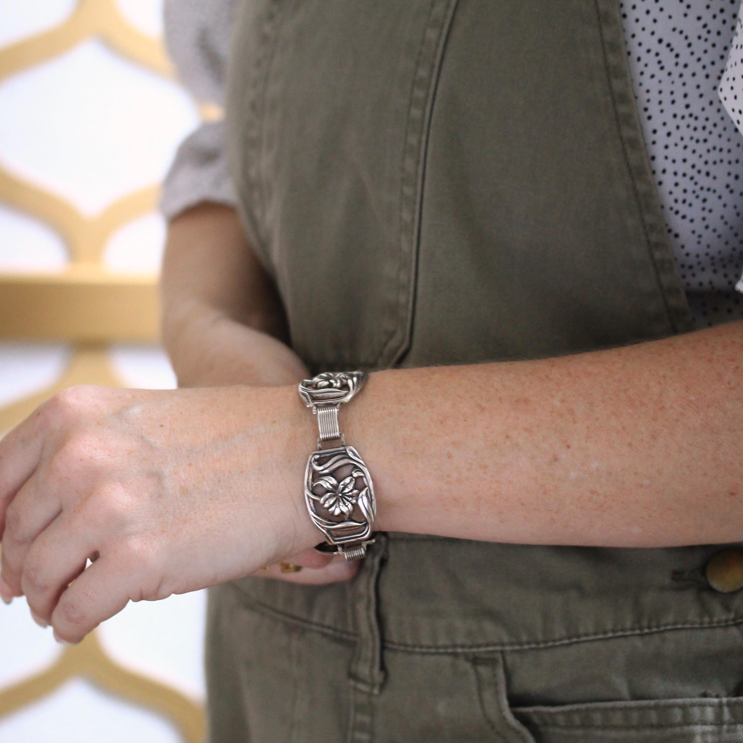 Vintage Flower Bracelet - Retro Sterling Silver Floral Nature Inspired Panel Clasp Statement - Circa 1960s Era Fashion Accessory 60s Jewelry