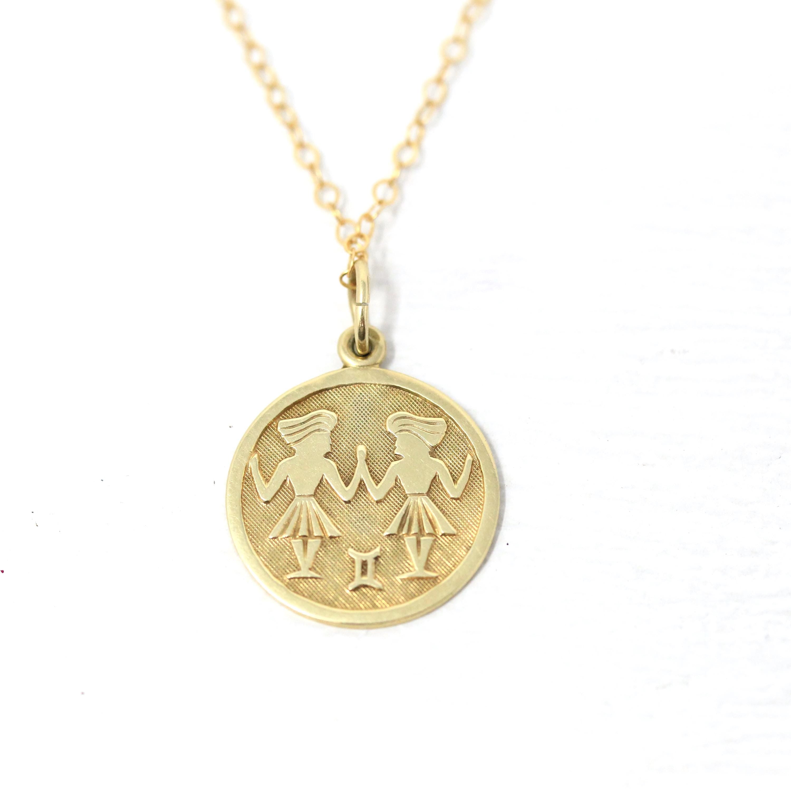 Estate Gemini Charm - Modern 14k Yellow Gold The Twins Air Element Pendant Necklace - Circa 1990s Era Dainty Petite Zodiac Fine 90s Jewelry