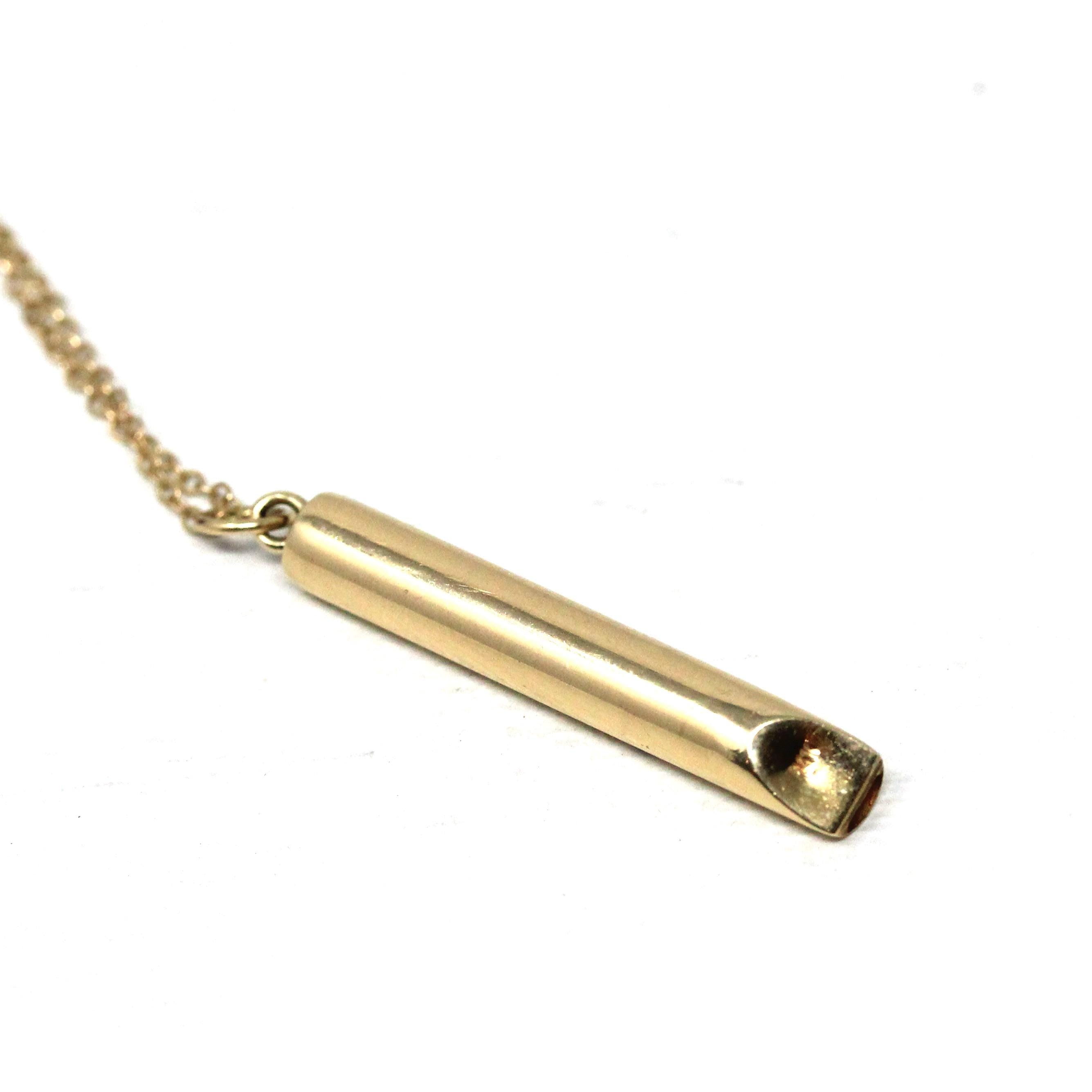 Dainty Whistle Necklace - Modern 14k Yellow Gold Flute Pipe Charm Pendant - Estate Small Recorder Functional Instrument Fob Fine Jewelry