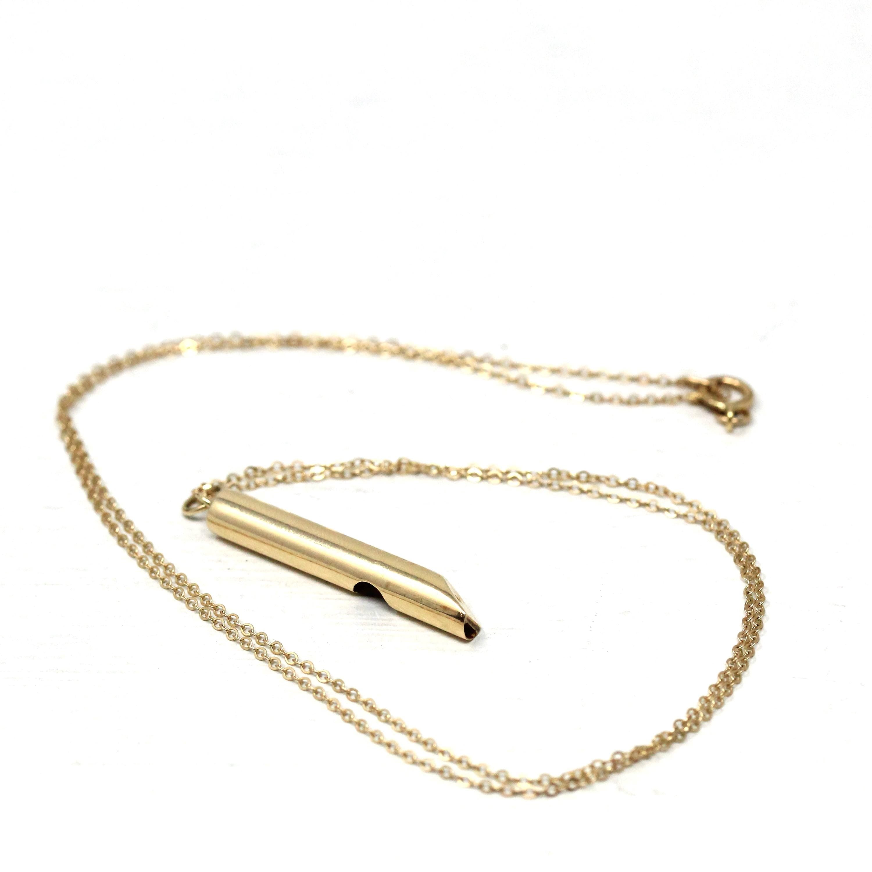 Dainty Whistle Necklace - Modern 14k Yellow Gold Flute Pipe Charm Pendant - Estate Small Recorder Functional Instrument Fob Fine Jewelry