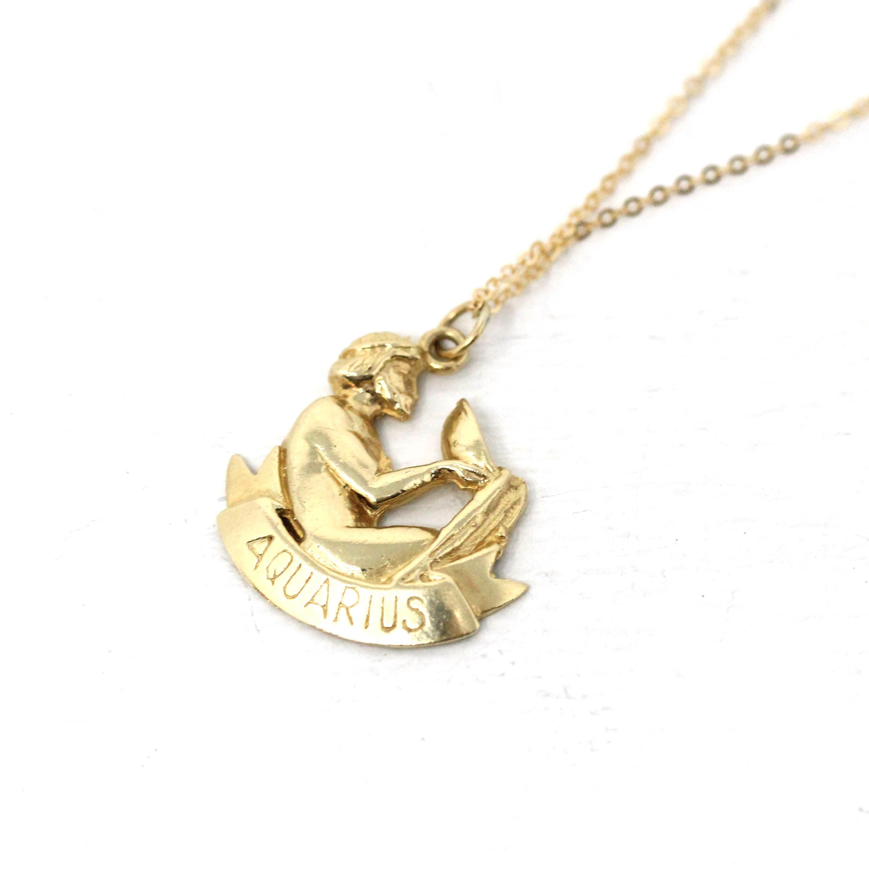 Vintage Aquarius Pendant - Circa 1990s 14k Yellow Gold Water-Bearer Astrological Sign Necklace - Estate Zodiac Celestial Air Element Jewelry