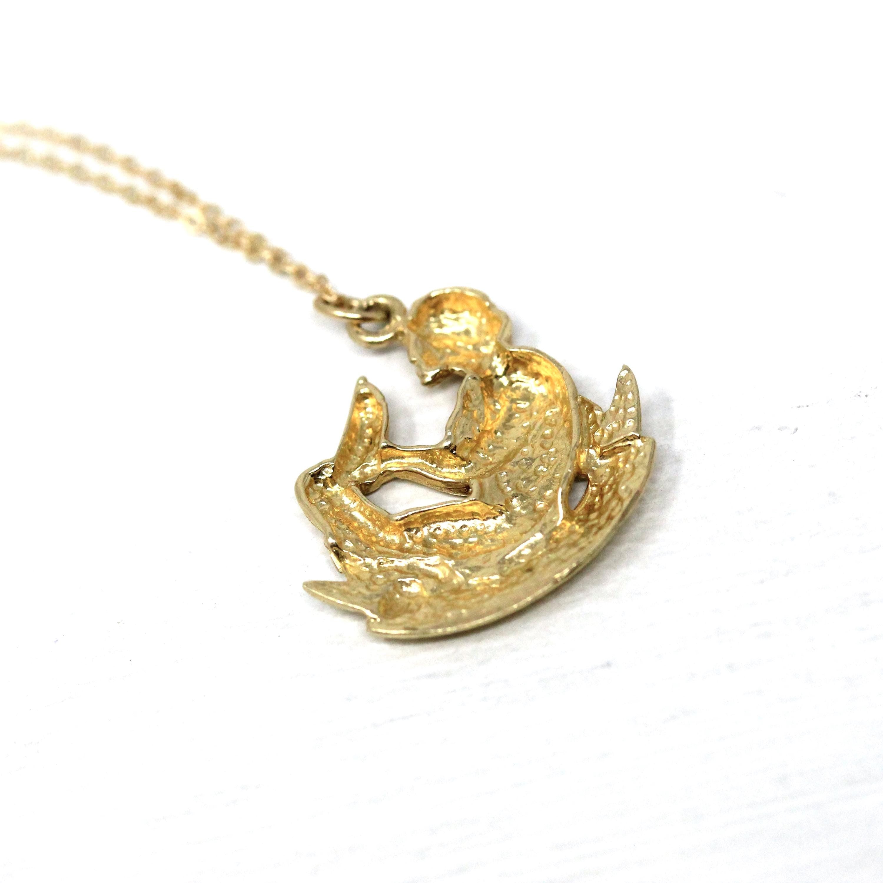 Vintage Aquarius Pendant - 1990s 14k Yellow Gold Water-Bearer Astrological Sign Necklace - Estate Zodiac Celestial Air Element Jewelry