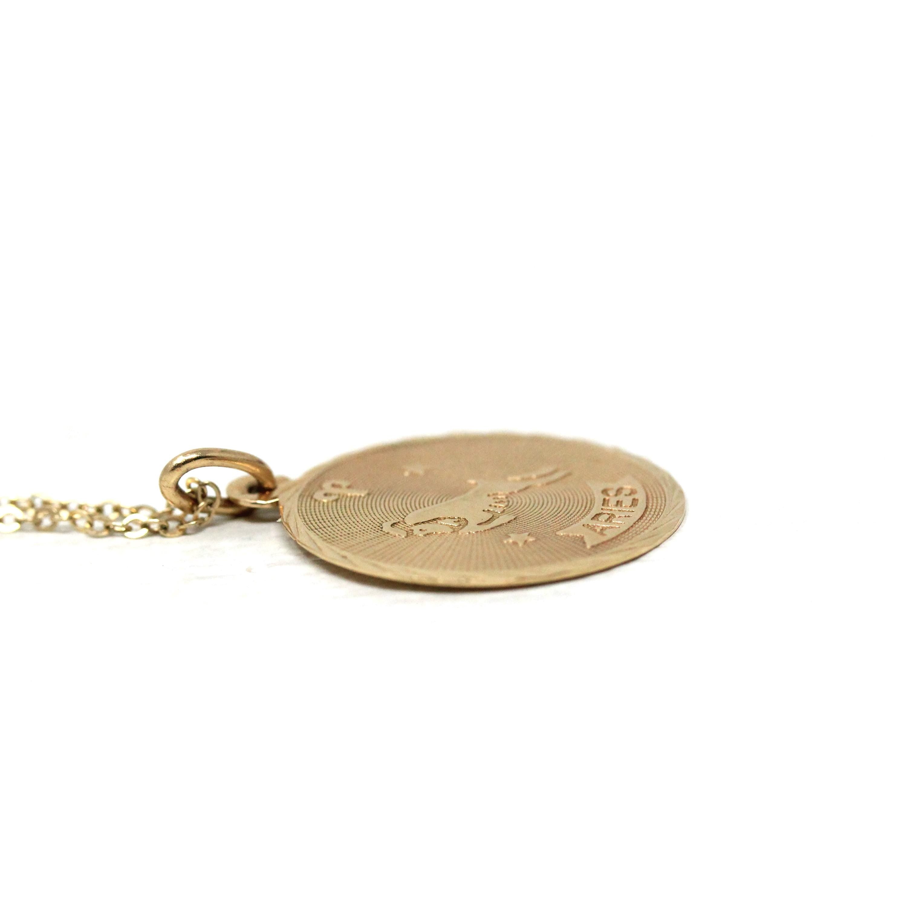 Vintage Aries Charm - Retro 14k Yellow Gold Ram Astrological Sign Necklace Pendant - Dated March 28 1943 Zodiac Fire Element Fine Jewelry