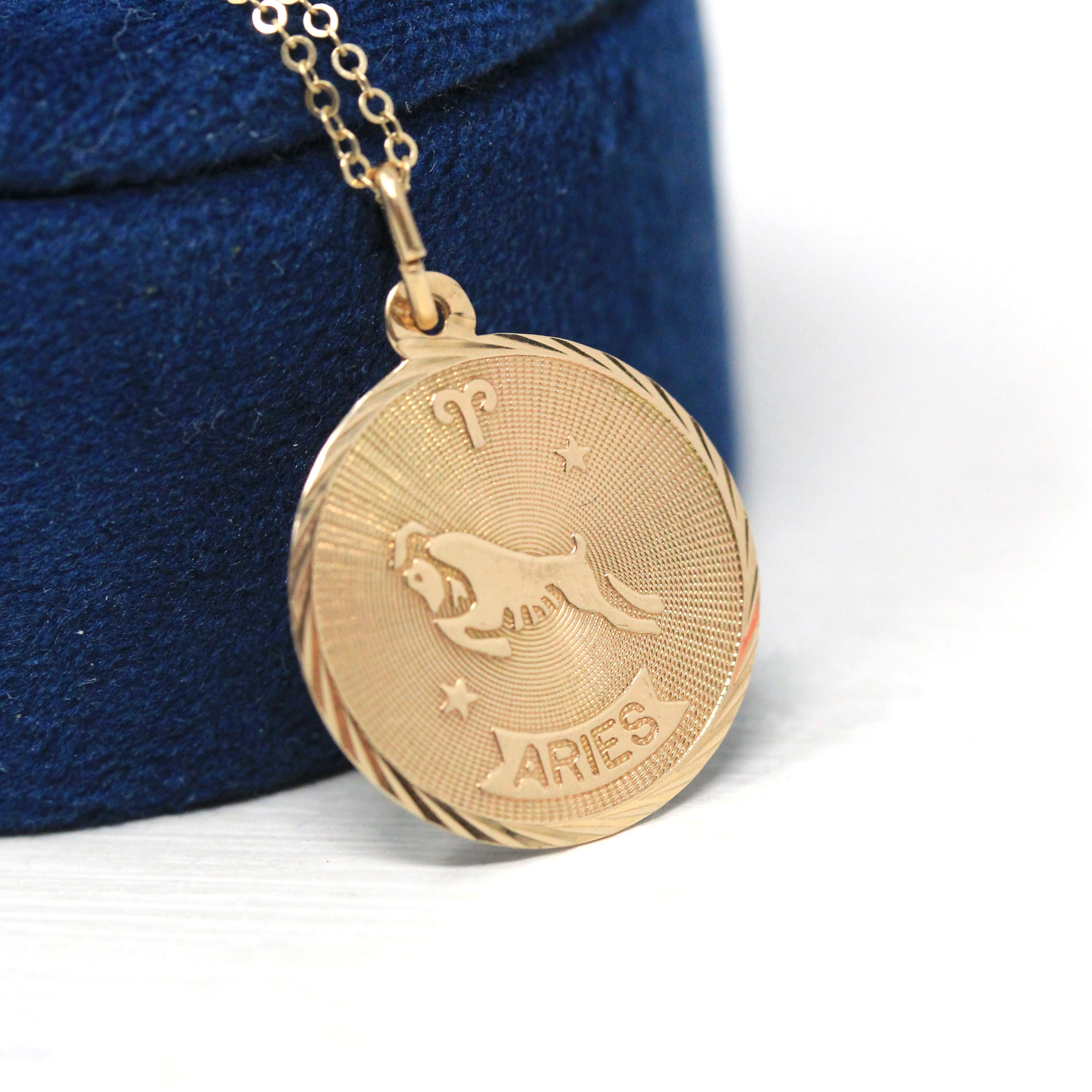Vintage Aries Charm - Retro 14k Yellow Gold Ram Astrological Sign Necklace Pendant - Dated March 28 1943 Zodiac Fire Element Fine Jewelry
