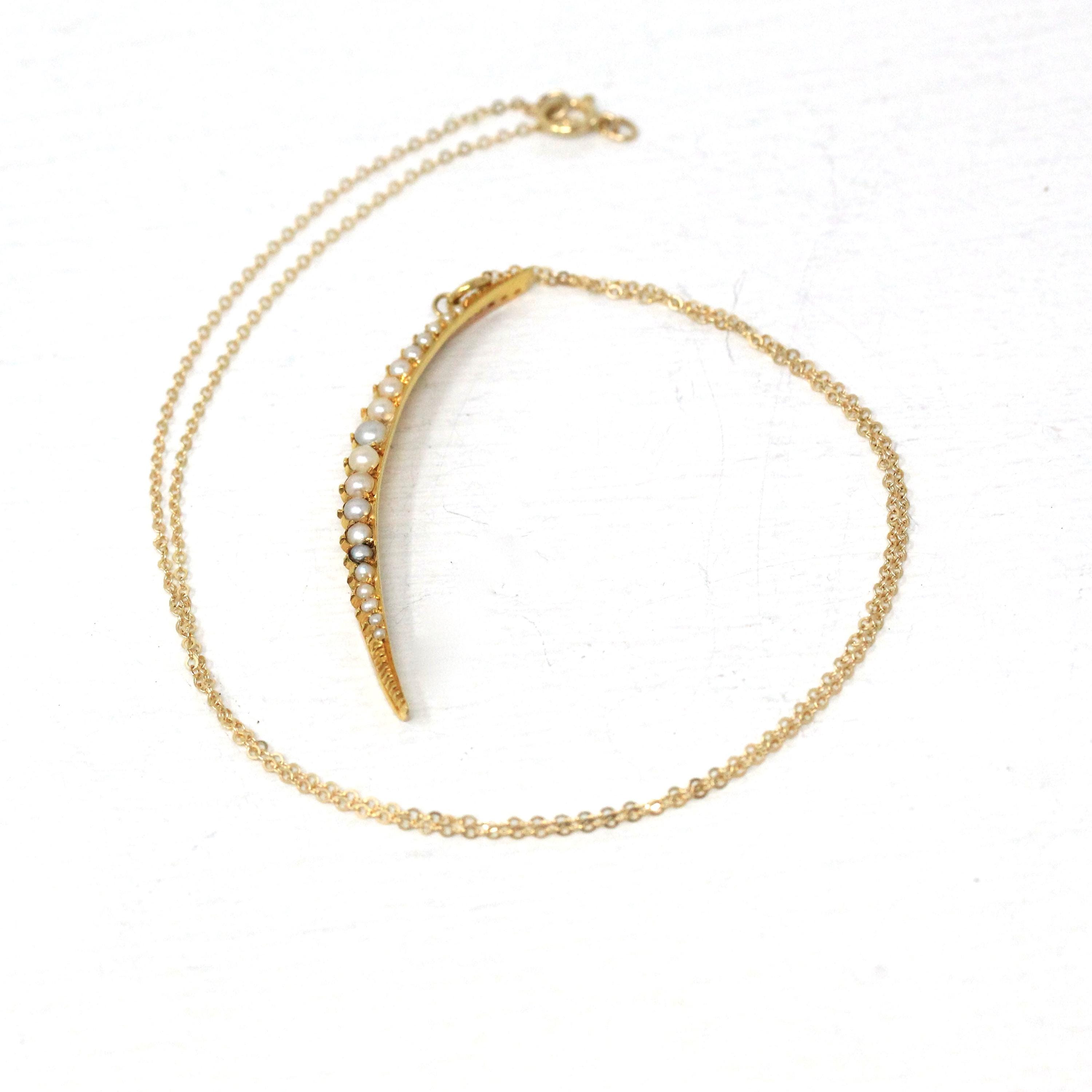 Crescent Moon Necklace - Retro 15k Yellow Gold Cultured Seed Pearls Celestial Pendant - Vintage Circa 1940s Era Statement Fine 40s Jewelry
