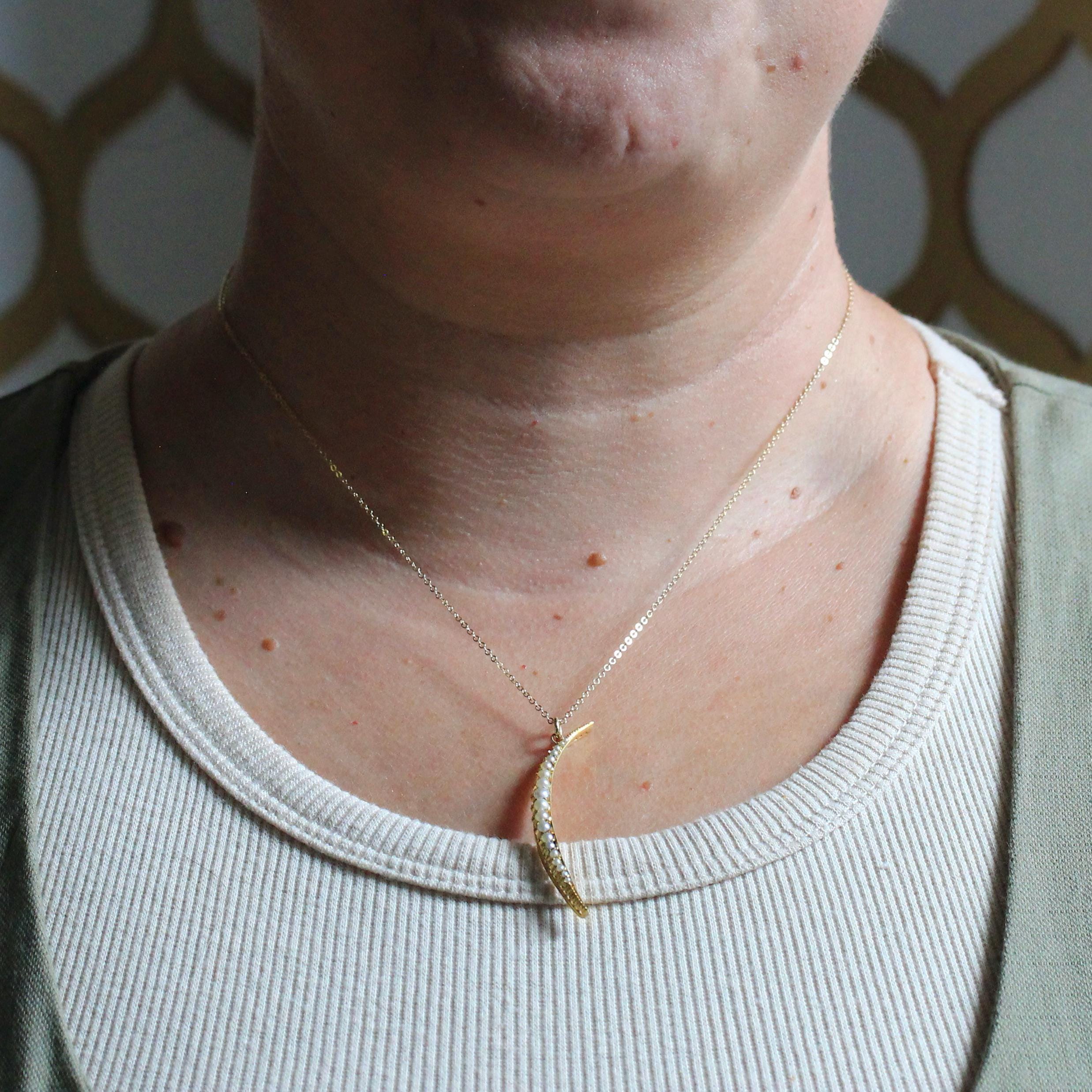 Crescent Moon Necklace - Retro 15k Yellow Gold Cultured Seed Pearls Celestial Pendant - Vintage Circa 1940s Era Statement Fine 40s Jewelry