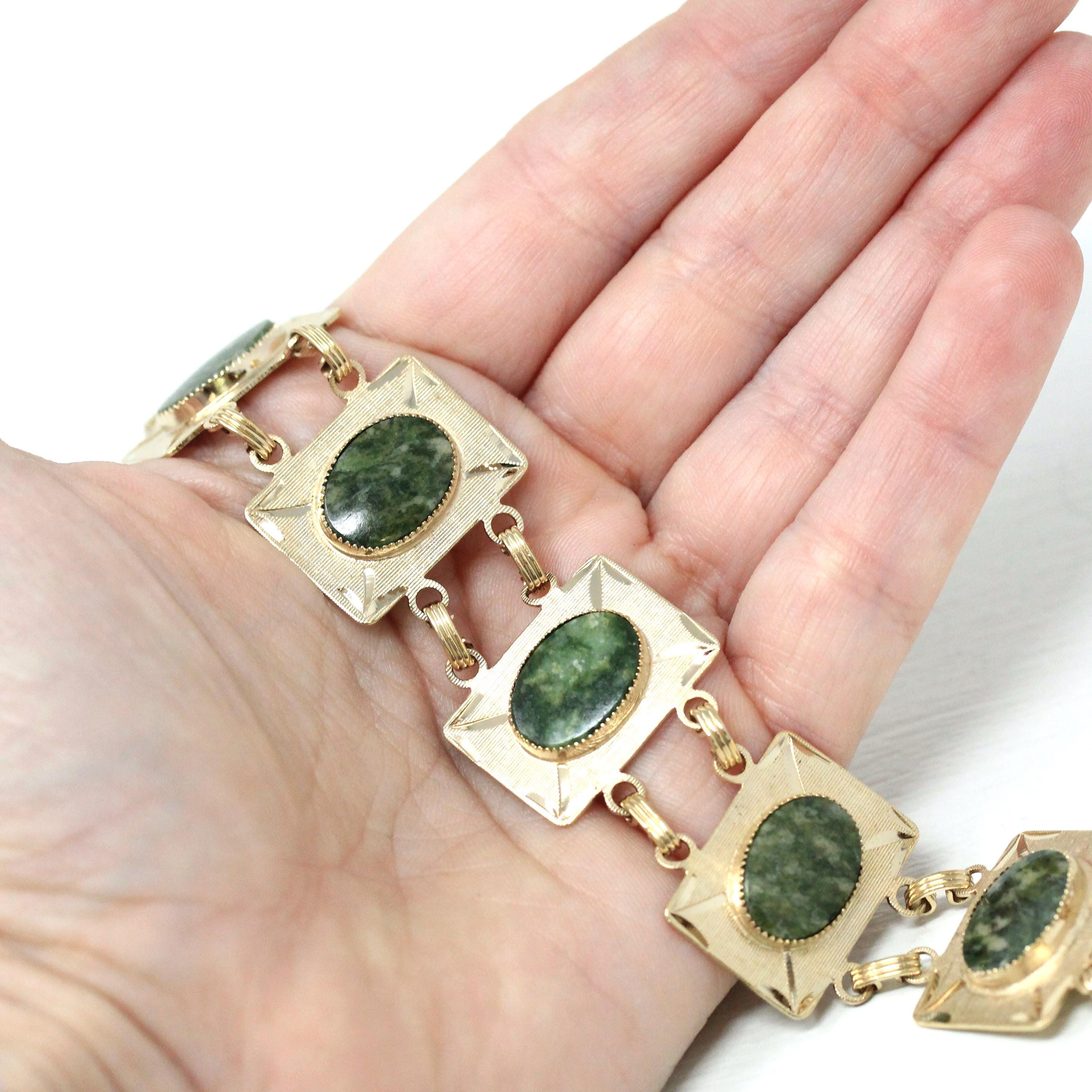 Nephrite Jade Bracelet - Retro 12k Gold Filled Genuine Oval Cabochon Cut Gemstones - Vintage 1960s Era 7 1/2 Inches Statement Panel Jewelry