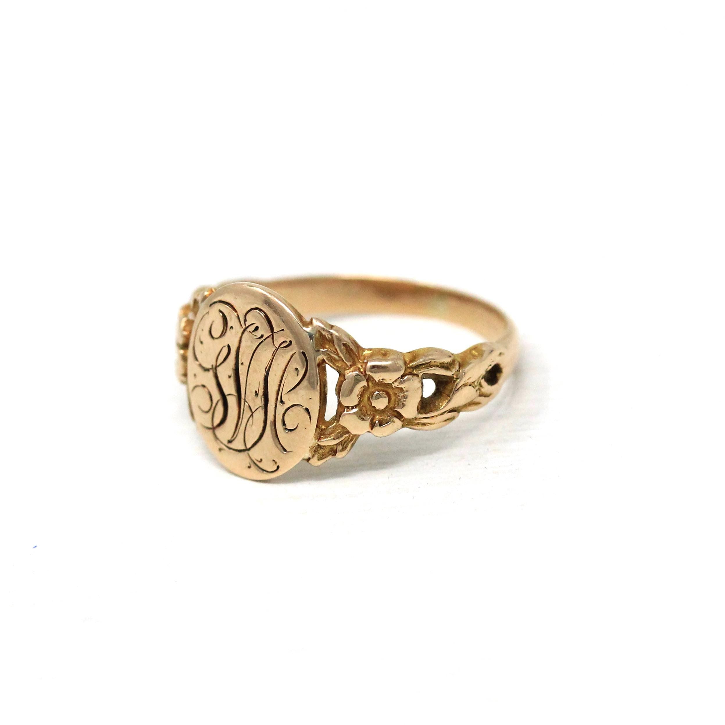 Antique Signet Ring - Edwardian 10k Rose Gold Engraved Initials "GVC" Letters - Vintage Circa 1900s Era Size 5 1/4 Monogrammed Fine Jewelry