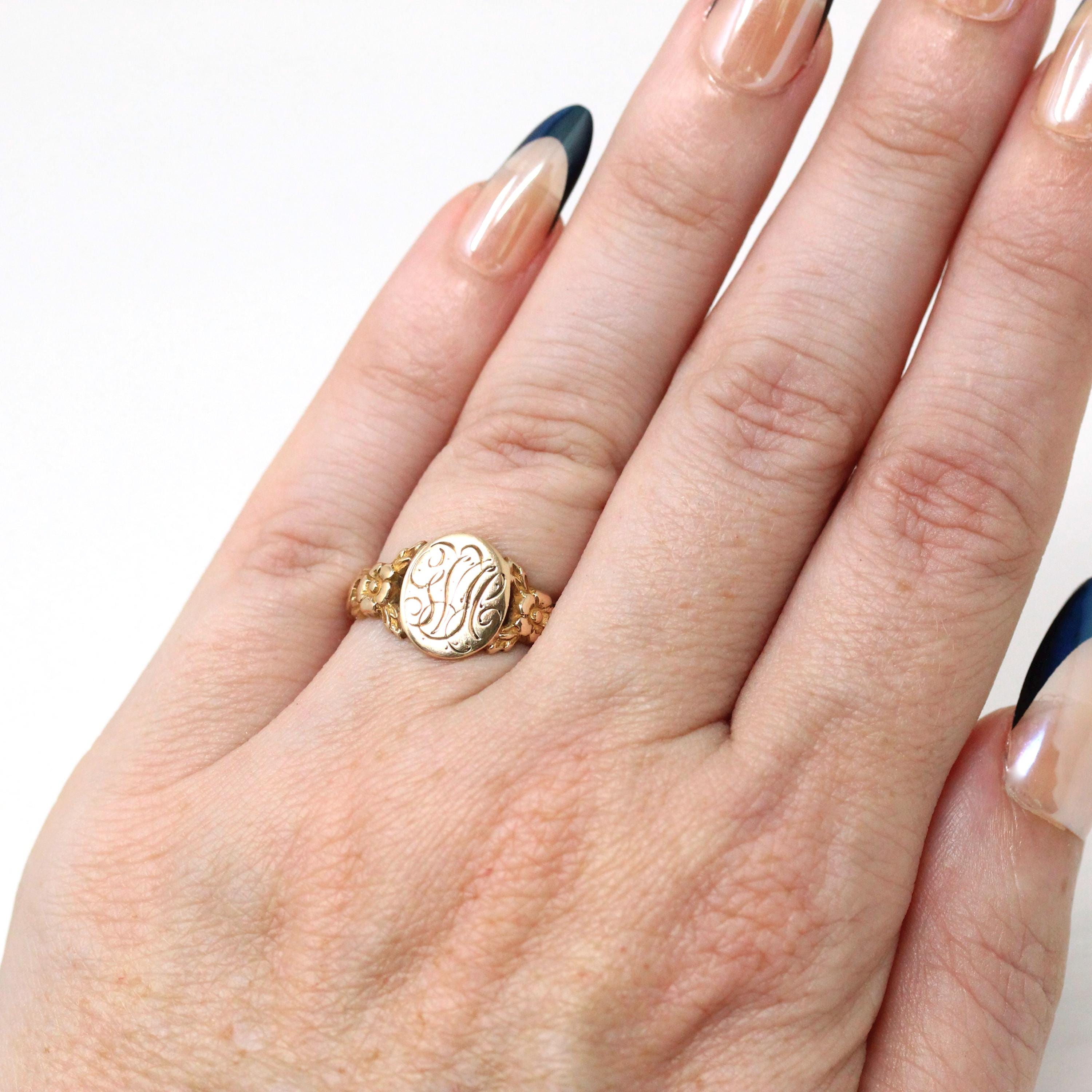 Antique Signet Ring - Edwardian 10k Rose Gold Engraved Initials "GVC" Letters - Vintage Circa 1900s Era Size 5 1/4 Monogrammed Fine Jewelry