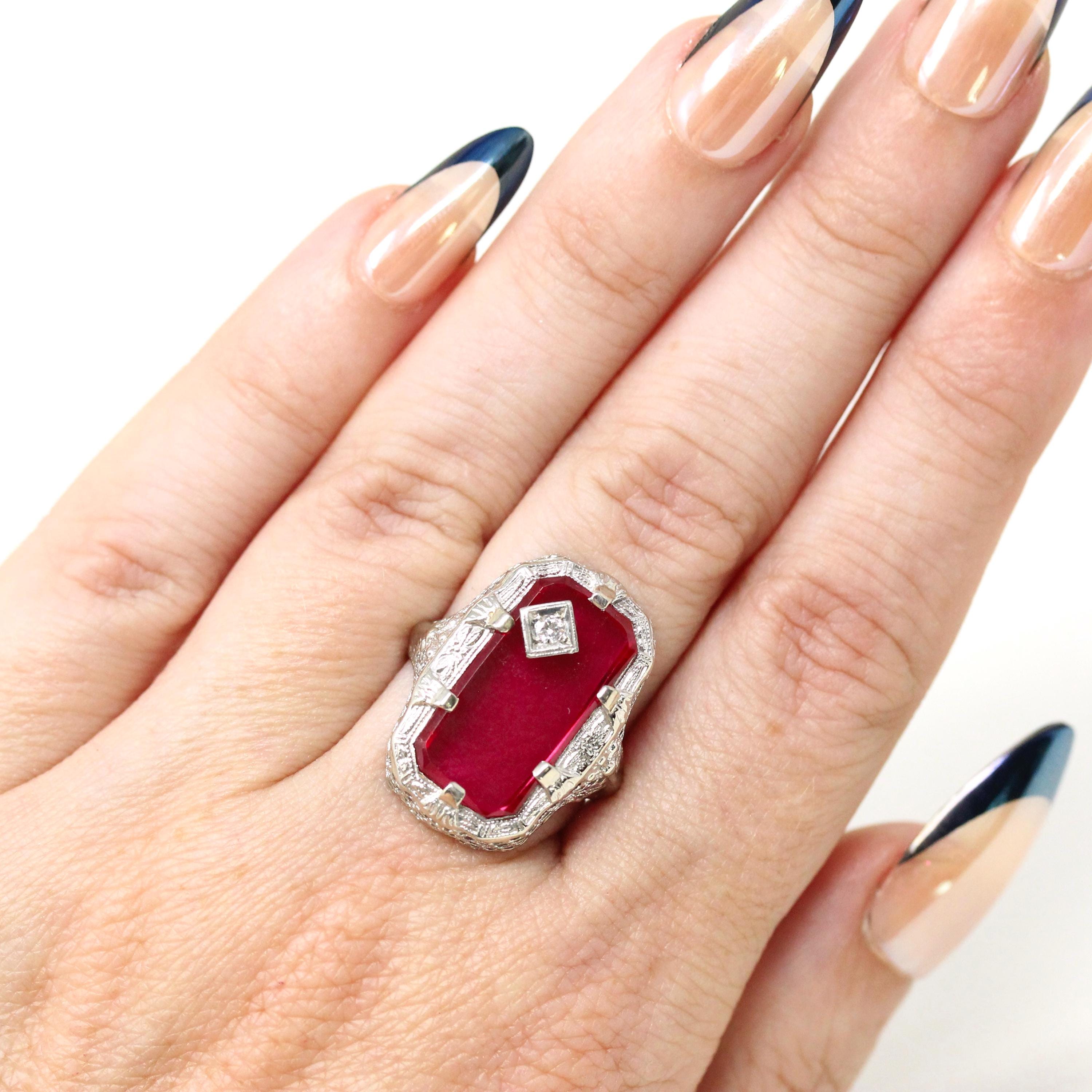 Created Ruby Ring - Art Deco 14k White Gold Genuine .05 CT Diamond - Vintage Circa 1930s Era Size 4 1/2 July Birthstone Peacock Fine Jewelry
