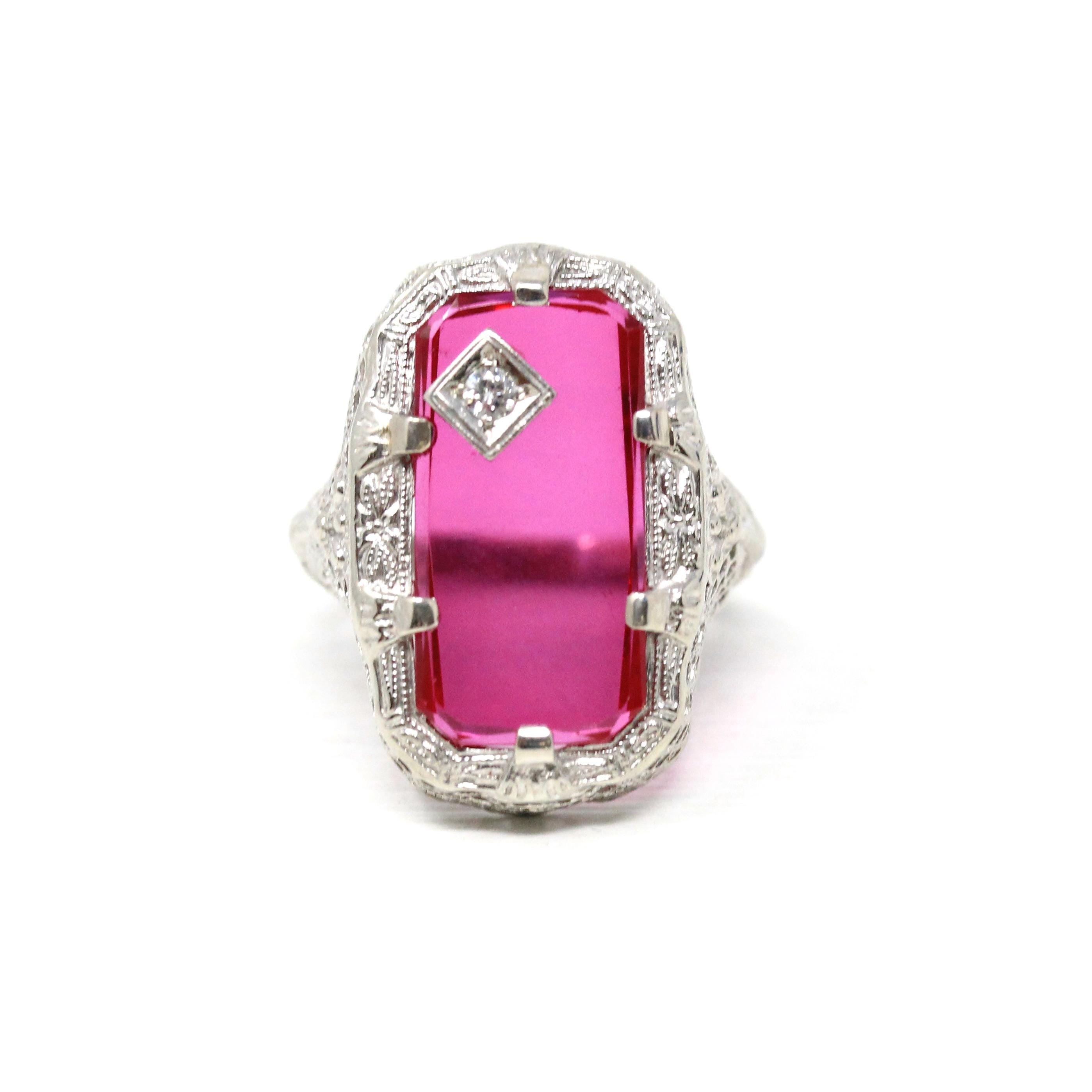 Created Ruby Ring - Art Deco 14k White Gold Genuine .05 CT Diamond - Vintage Circa 1930s Era Size 4 1/2 July Birthstone Peacock Fine Jewelry