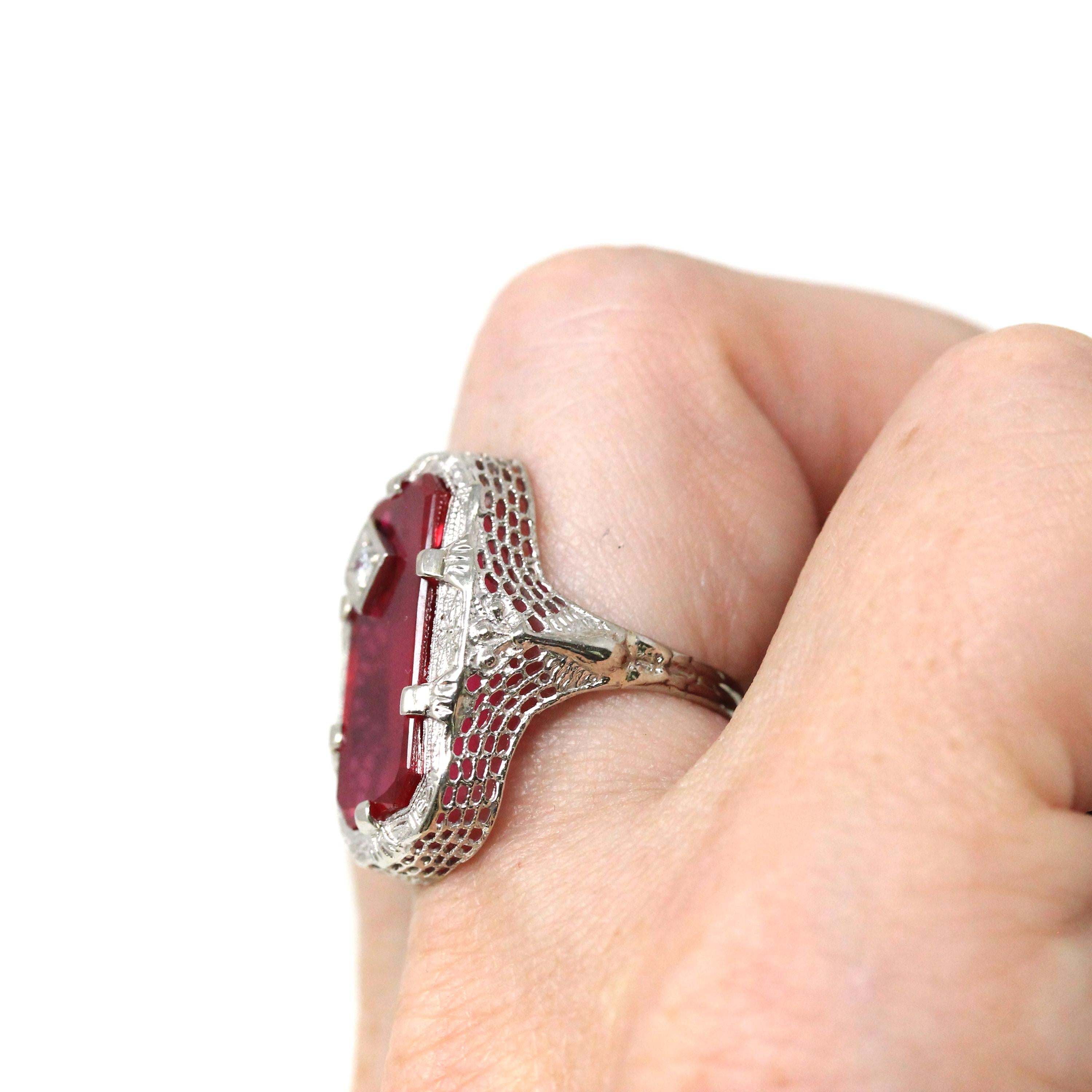 Created Ruby Ring - Art Deco 14k White Gold Genuine .05 CT Diamond - Vintage Circa 1930s Era Size 4 1/2 July Birthstone Peacock Fine Jewelry