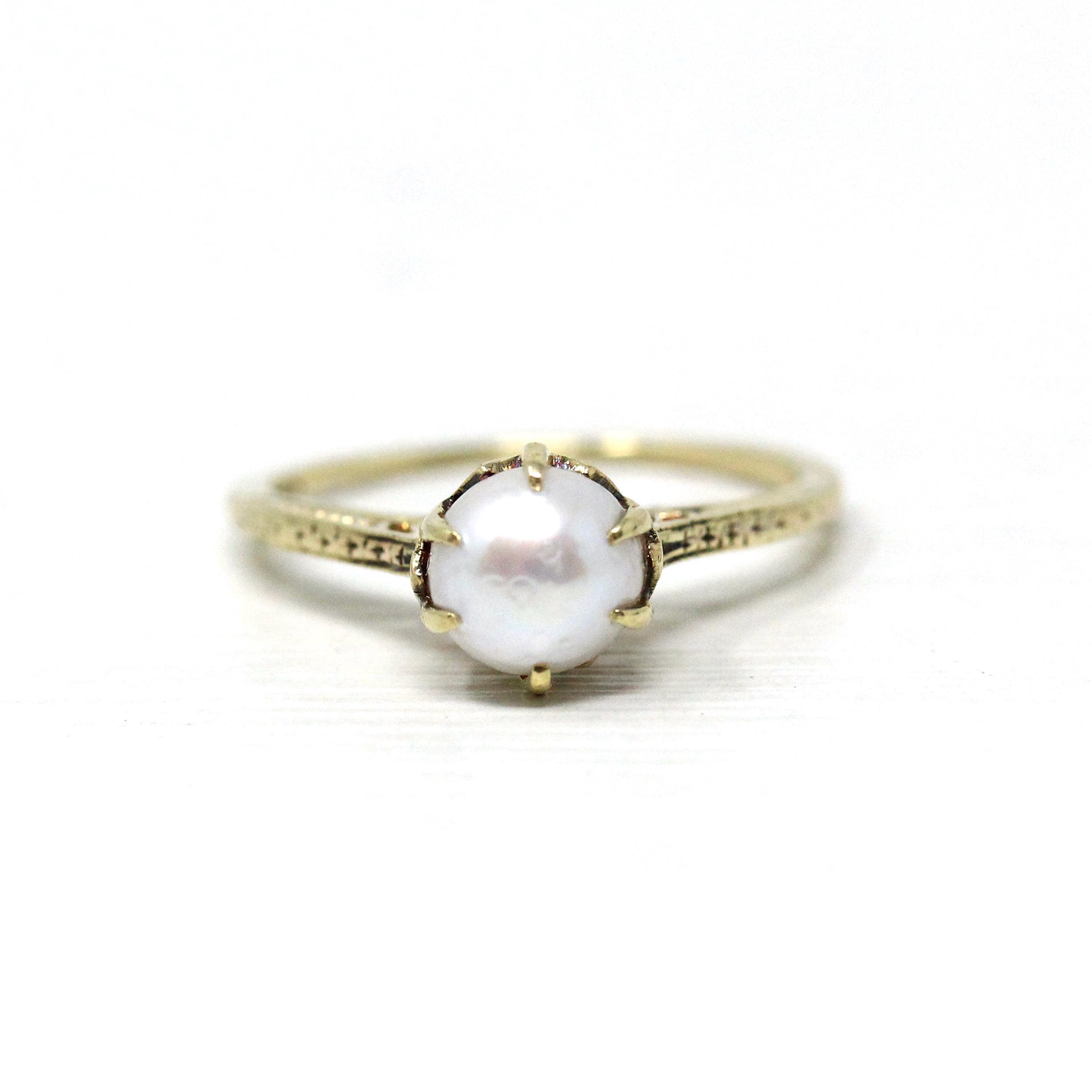 Cultured Pearl Ring - Art Deco 14k Yellow Gold Basket Wheat Designs - Vintage Circa 1930s Era Size 5 Solitaire June Birthstone Fine Jewelry