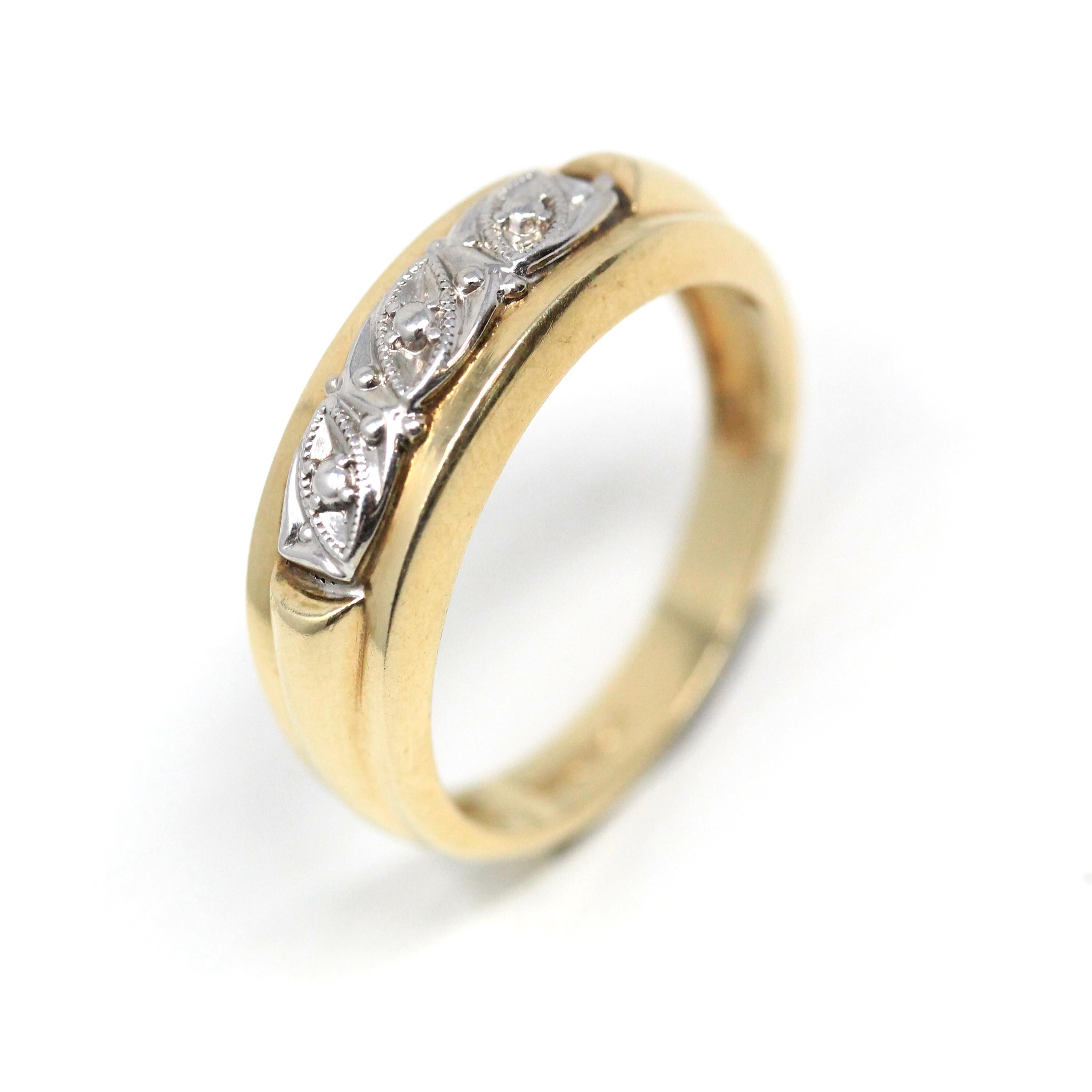 Vintage Wedding Band - Retro 14k Yellow & White Gold Two Tone Textured Design Ring - Vintage 1960s Era Size 7 3/4 Fine Men's Unisex Jewelry