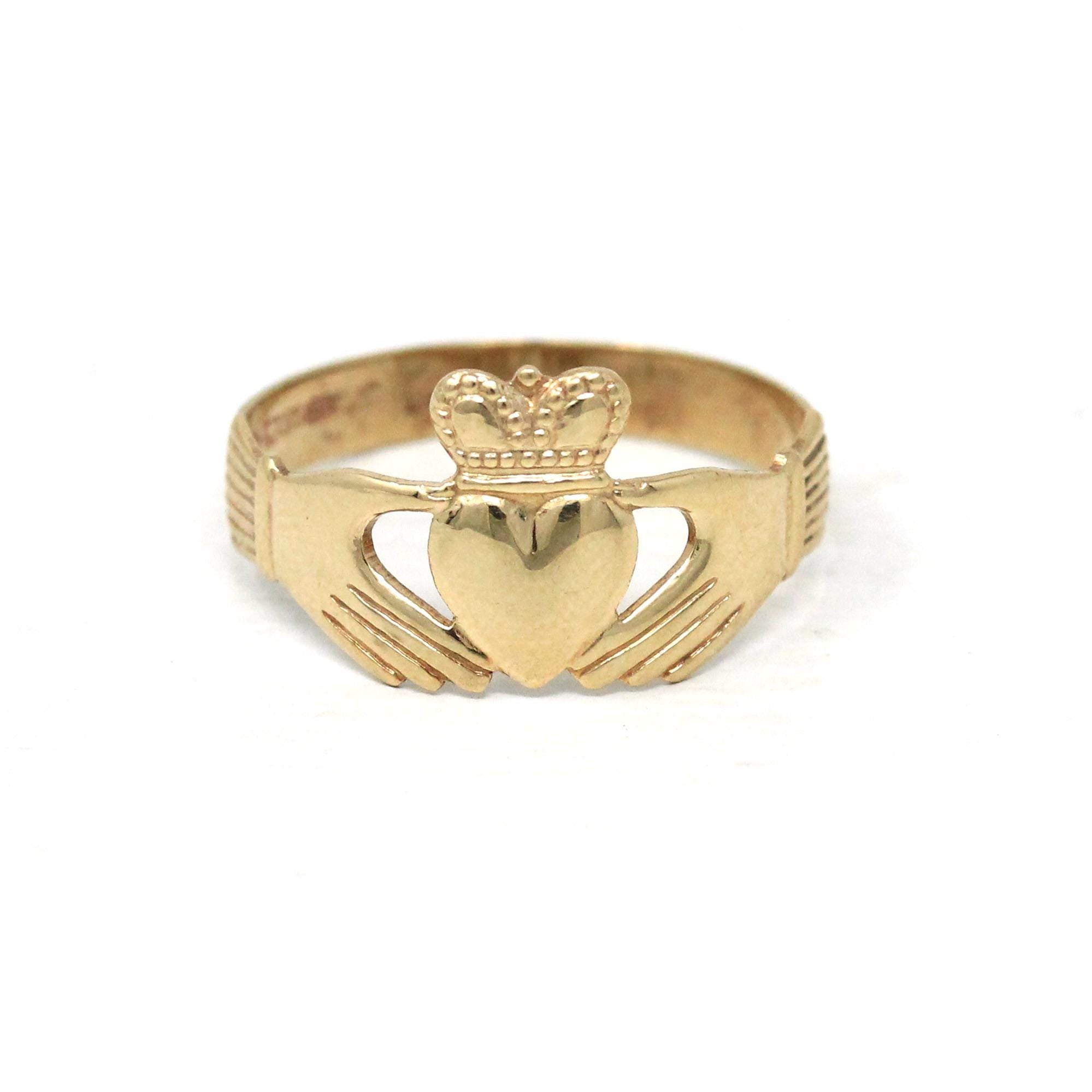 Gold Claddagh Ring - Modern 9k 375 Irish Hands Heart Crown Band - Estate Size 11 1/4 Made in Ireland Wedding Band Unisex Friendship Jewelry