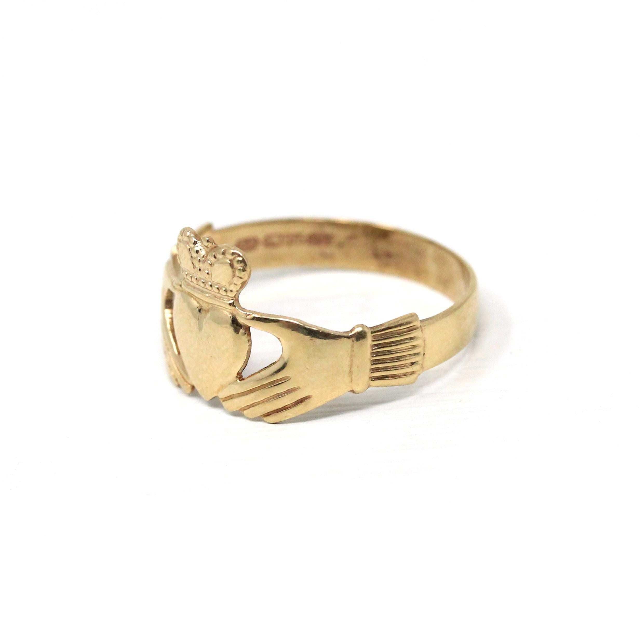 Gold Claddagh Ring - Modern 9k 375 Irish Hands Heart Crown Band - Estate Size 11 1/4 Made in Ireland Wedding Band Unisex Friendship Jewelry