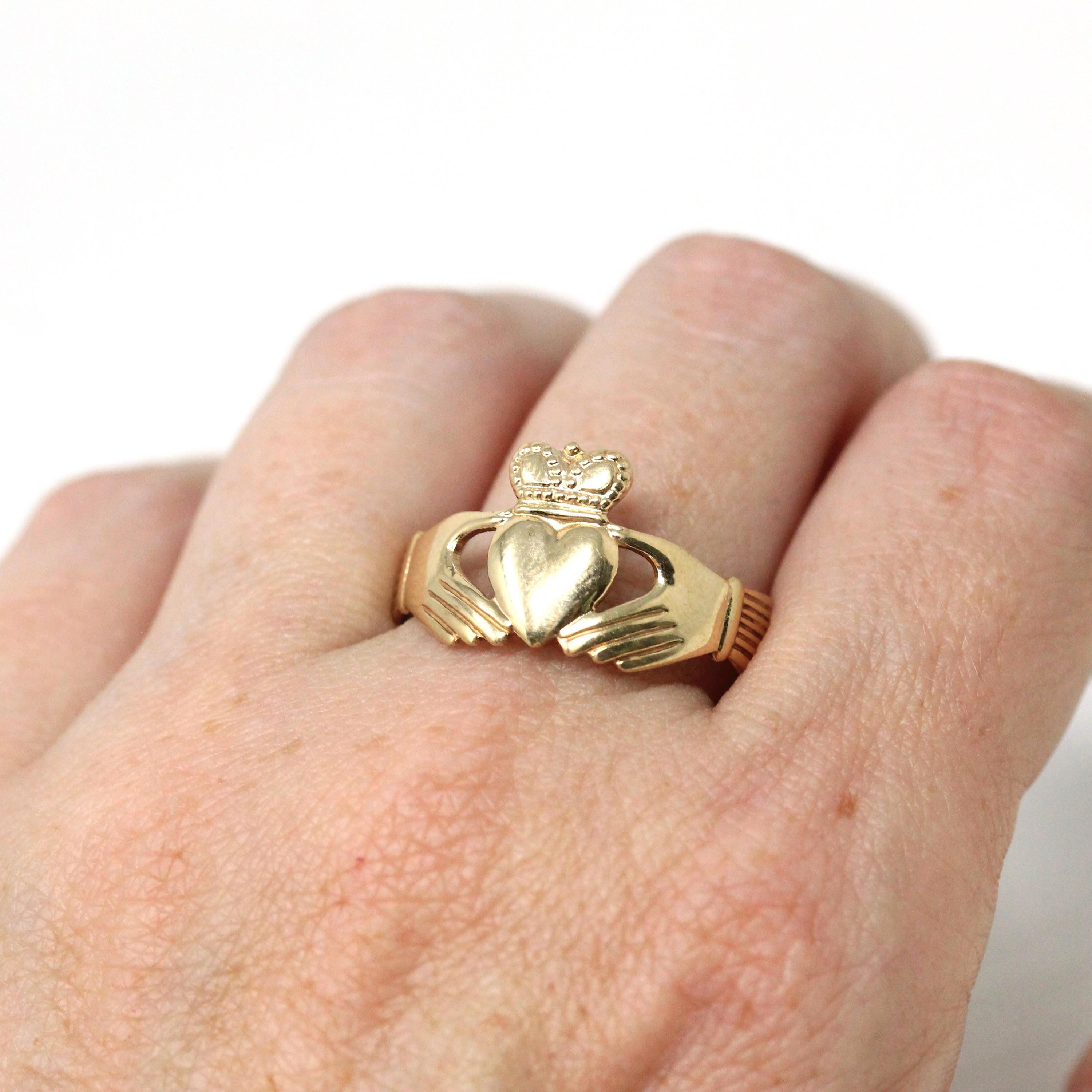 Gold Claddagh Ring - Modern 9k 375 Irish Hands Heart Crown Band - Estate Size 11 1/4 Made in Ireland Wedding Band Unisex Friendship Jewelry