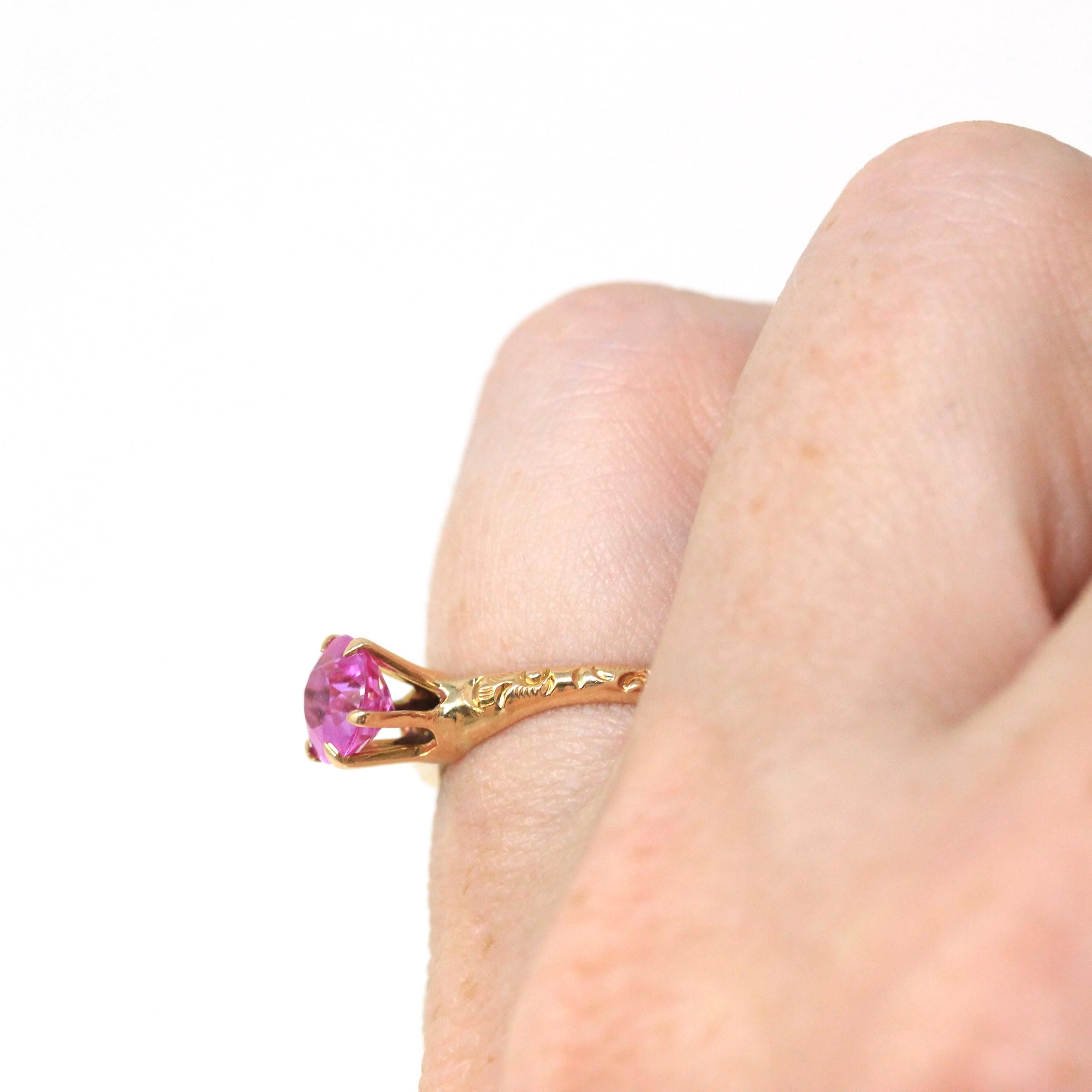 Created Pink Sapphire Ring - Art Deco 10k Yellow Gold Round Faceted Stone - Vintage Circa 1930s Era Size 3 3/4 Flower Motif Fine 30s Jewelry