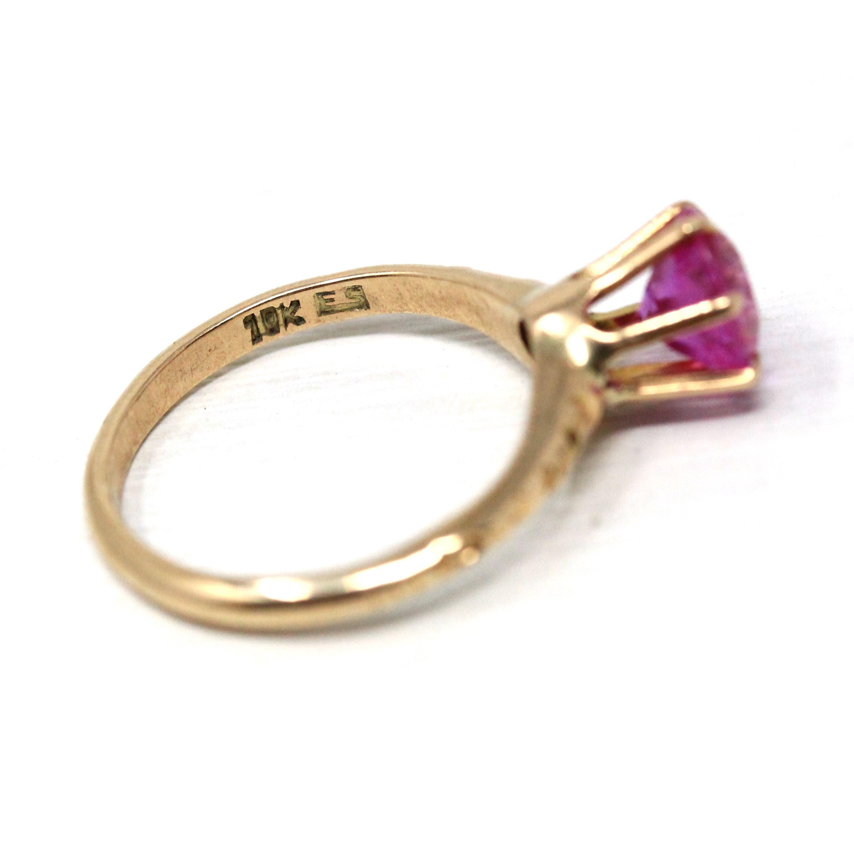 Created Pink Sapphire Ring - Art Deco 10k Yellow Gold Round Faceted Stone - Vintage Circa 1930s Era Size 3 3/4 Flower Motif Fine 30s Jewelry