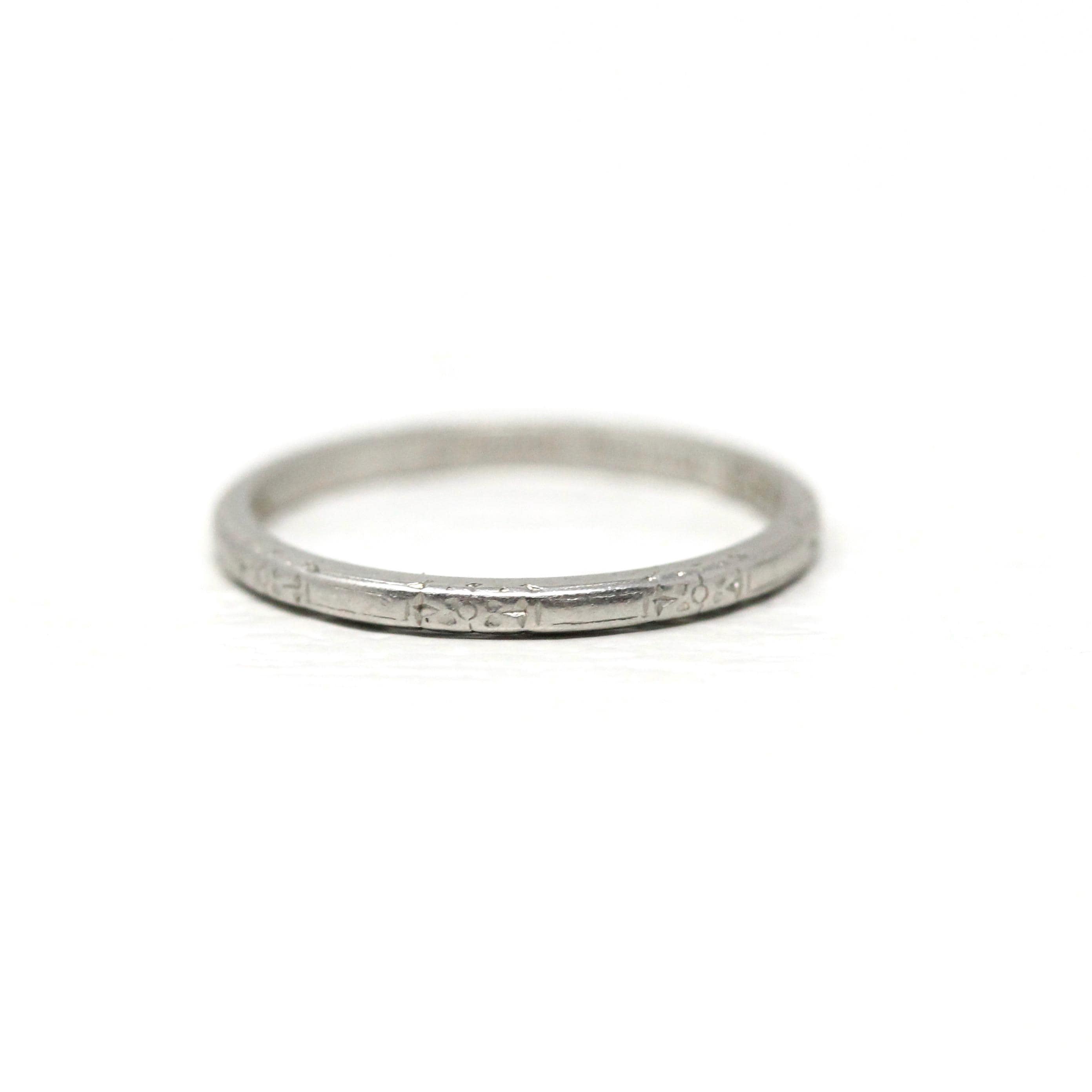 Art Deco Wedding Band - Antique Platinum Engraved Flower Eternity Designs Ring - Vintage 1920s Size 4 1/2 WWR and MC Initials Fine Jewelry