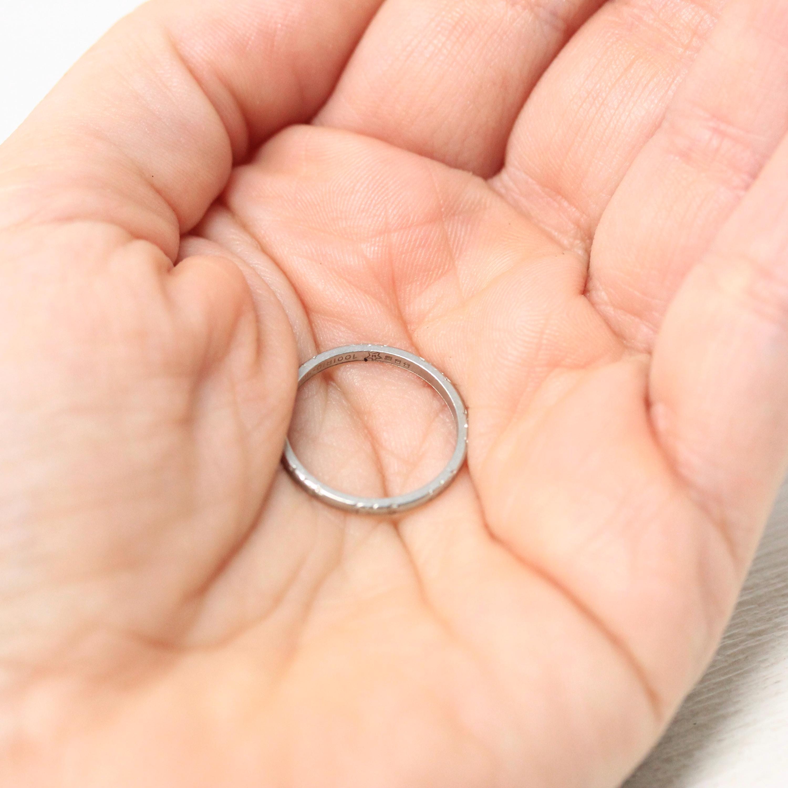 Art Deco Wedding Band - Antique Platinum Engraved Flower Eternity Designs Ring - Vintage 1920s Size 4 1/2 WWR and MC Initials Fine Jewelry