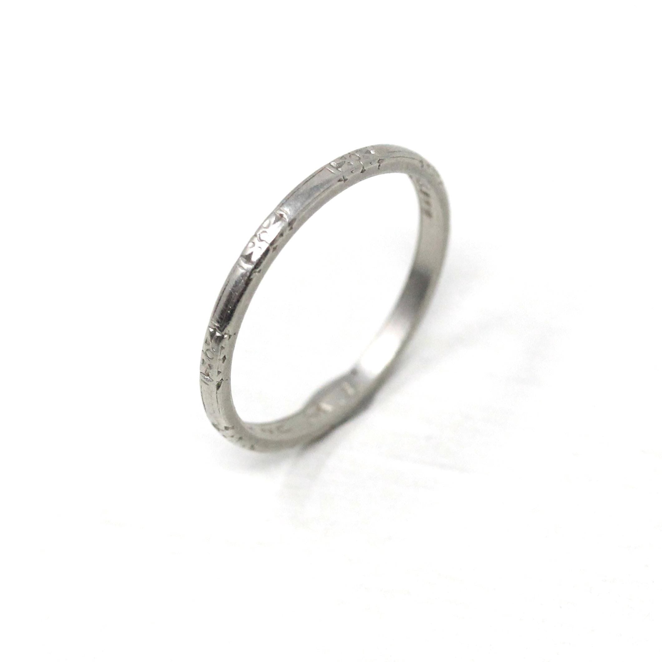 Art Deco Wedding Band - Antique Platinum Engraved Flower Eternity Designs Ring - Vintage 1920s Size 4 1/2 WWR and MC Initials Fine Jewelry