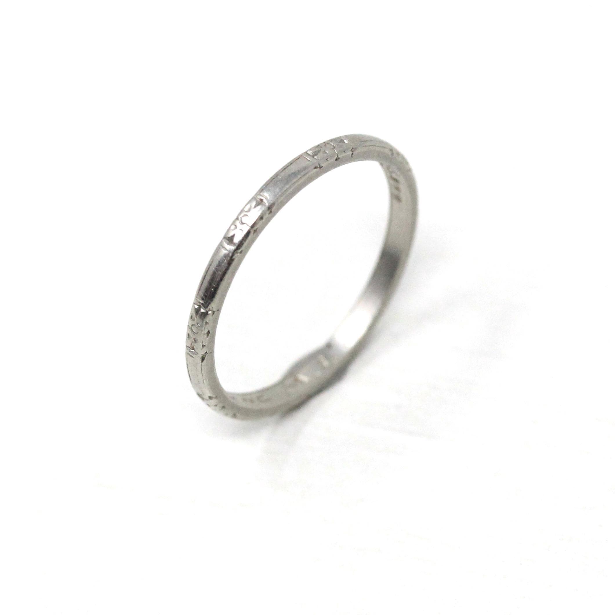 Art Deco Wedding Band - Antique Platinum Engraved Flower Eternity Designs Ring - Vintage 1920s Size 4 1/2 WWR and MC Initials Fine Jewelry