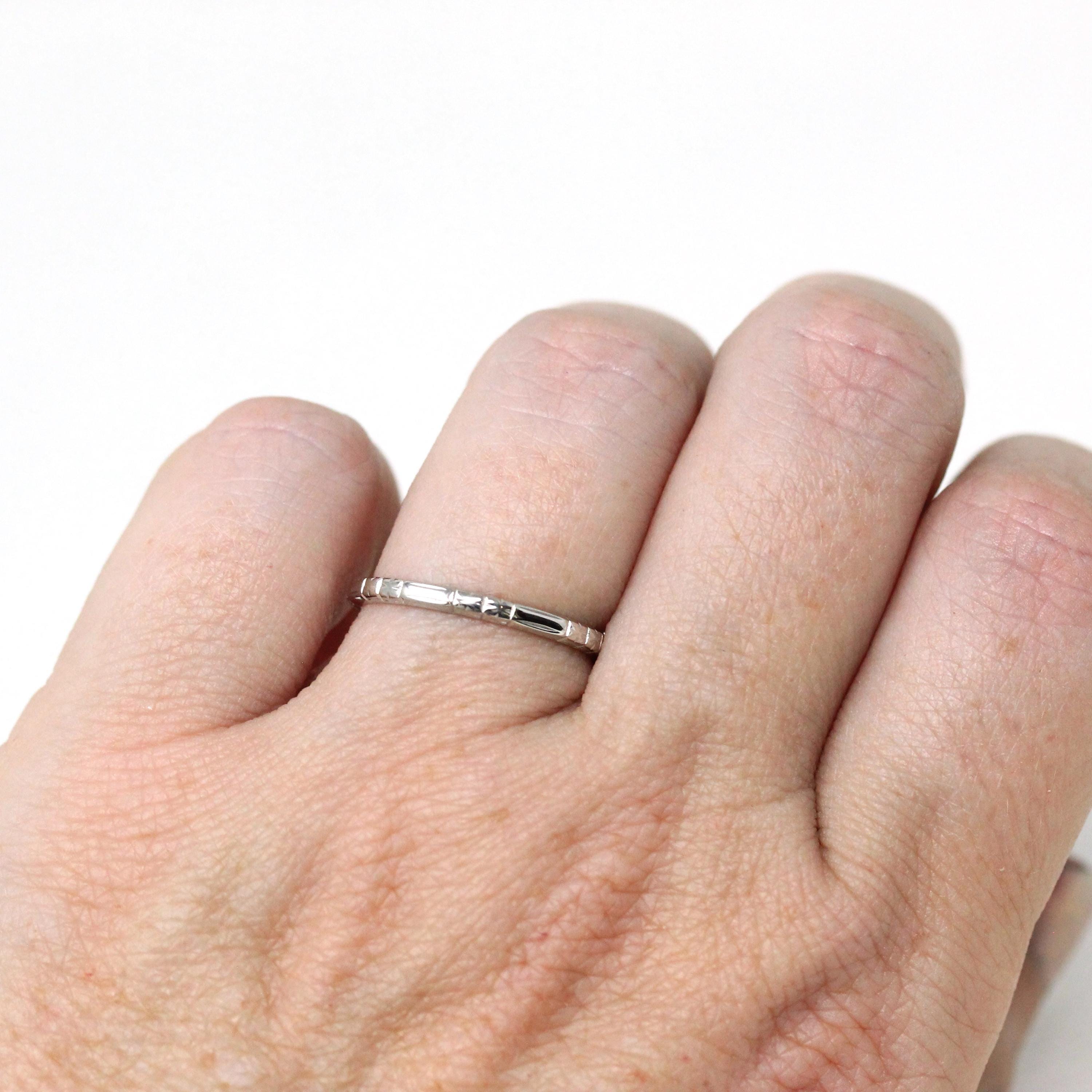 Art Deco Wedding Band - Vintage 18k White Gold Flower Stations Eternity Ring - Circa 1930s Era Size 5 1/2 Fine Bridal Stacking Jewelry