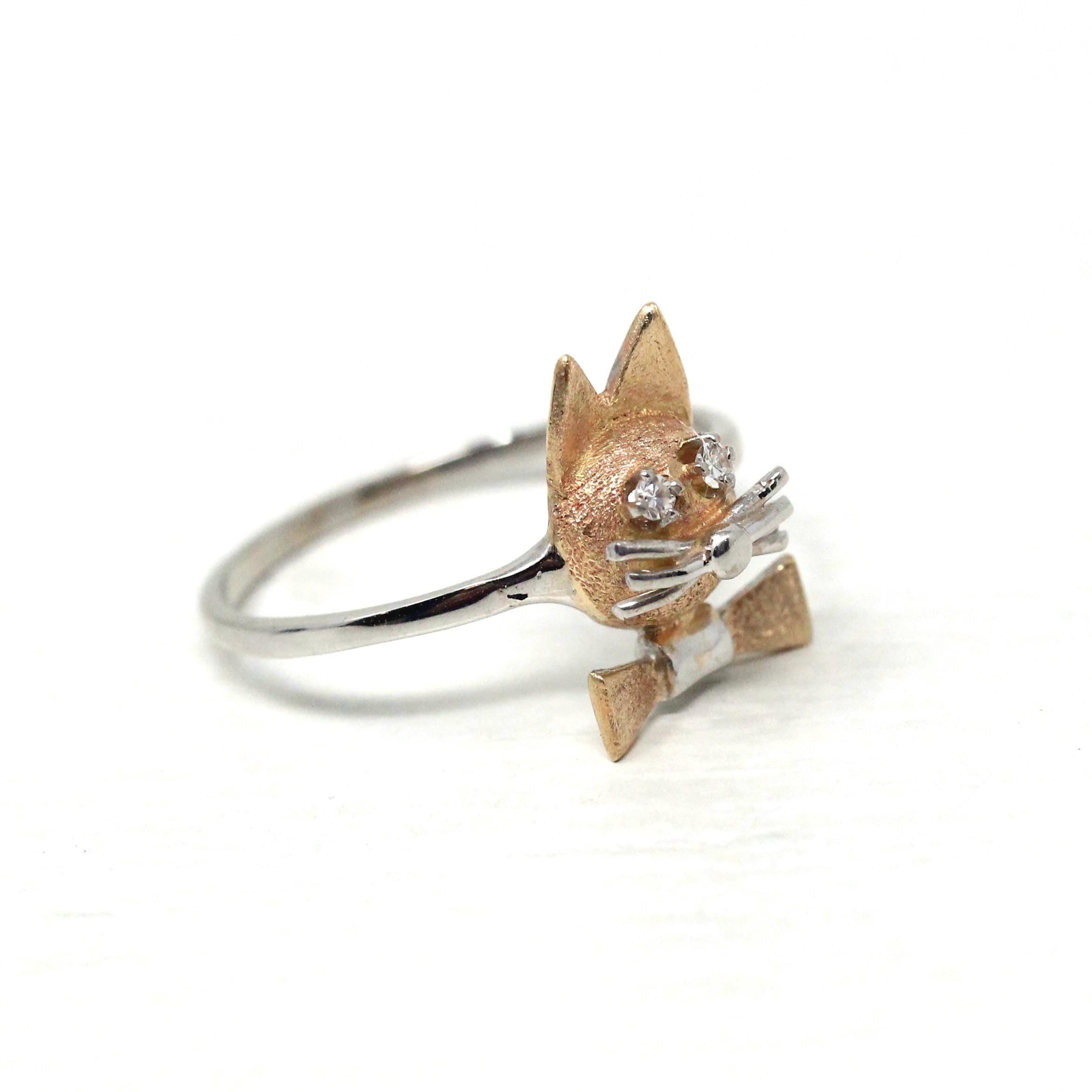 Vintage Cat Ring - Retro 14k Yellow & White Gold Feline Conversion Dainty Band - Circa 1960s Era Size 7 Animal Two Tone Diamond Fine Jewelry