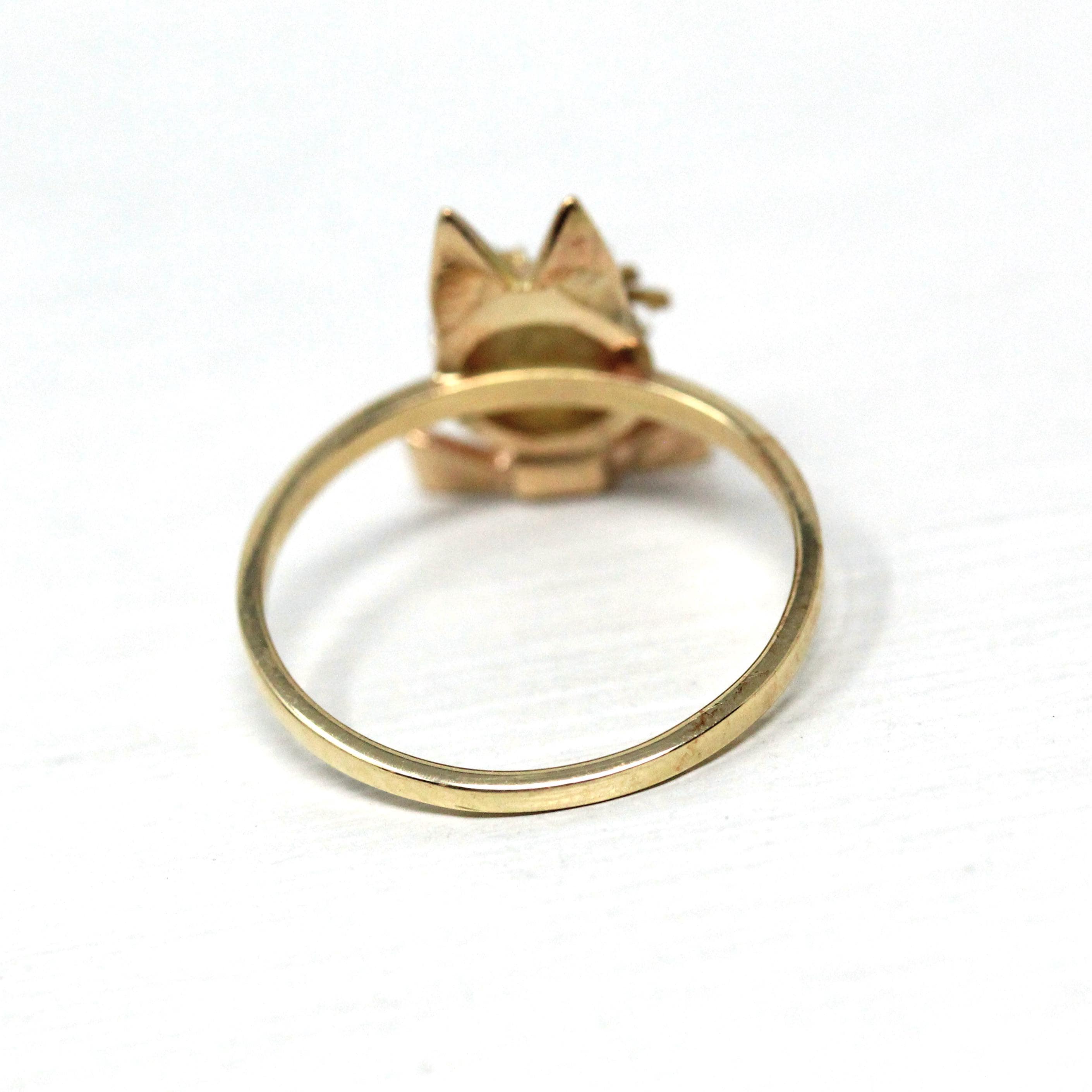 Vintage Cat Ring - Retro 14k Yellow Gold Feline Conversion Dainty Band - Circa 1960s Era Size 6 3/4 Animal Statement Diamond Fine Jewelry