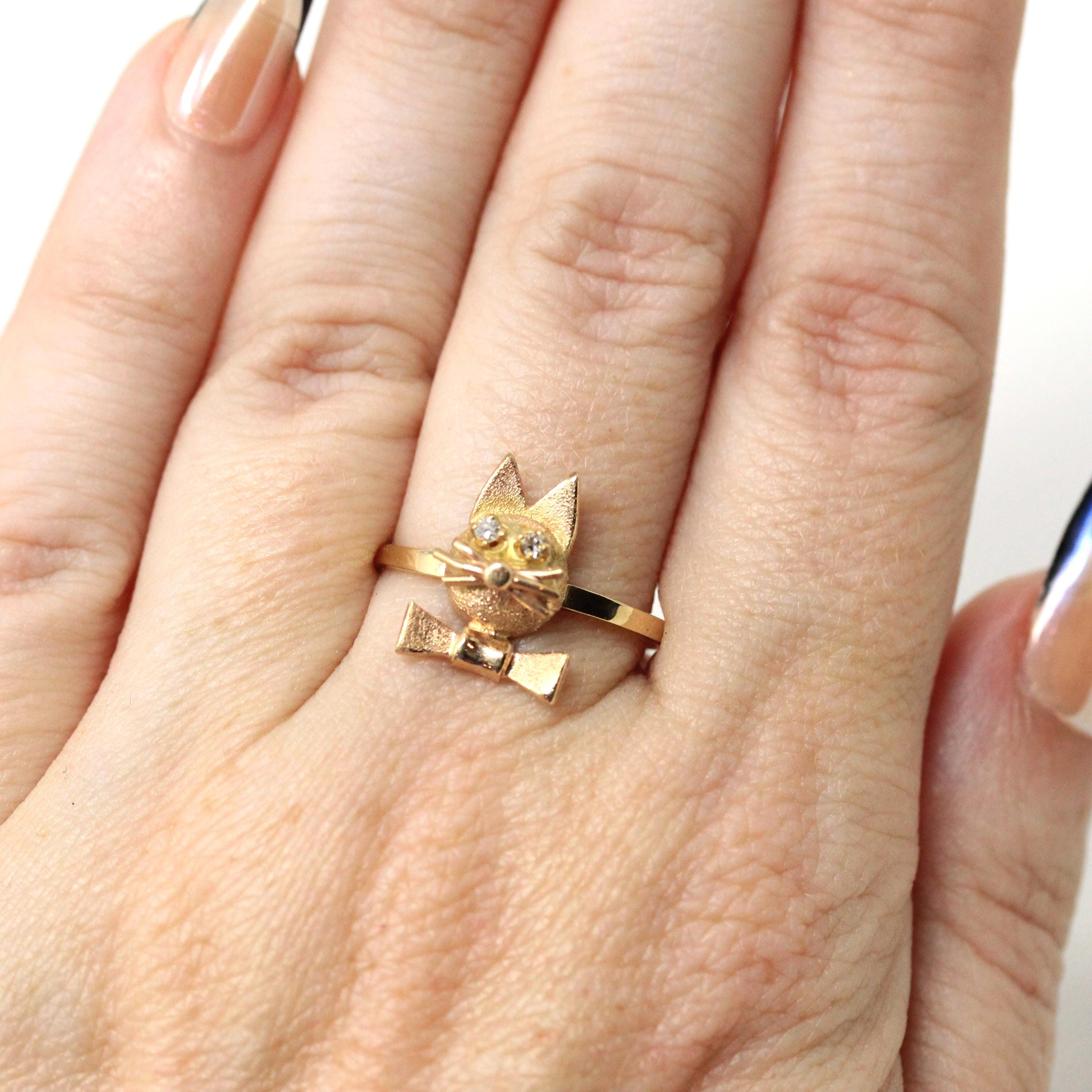Vintage Cat Ring - Retro 14k Yellow Gold Feline Conversion Dainty Band - Circa 1960s Era Size 6 3/4 Animal Statement Diamond Fine Jewelry