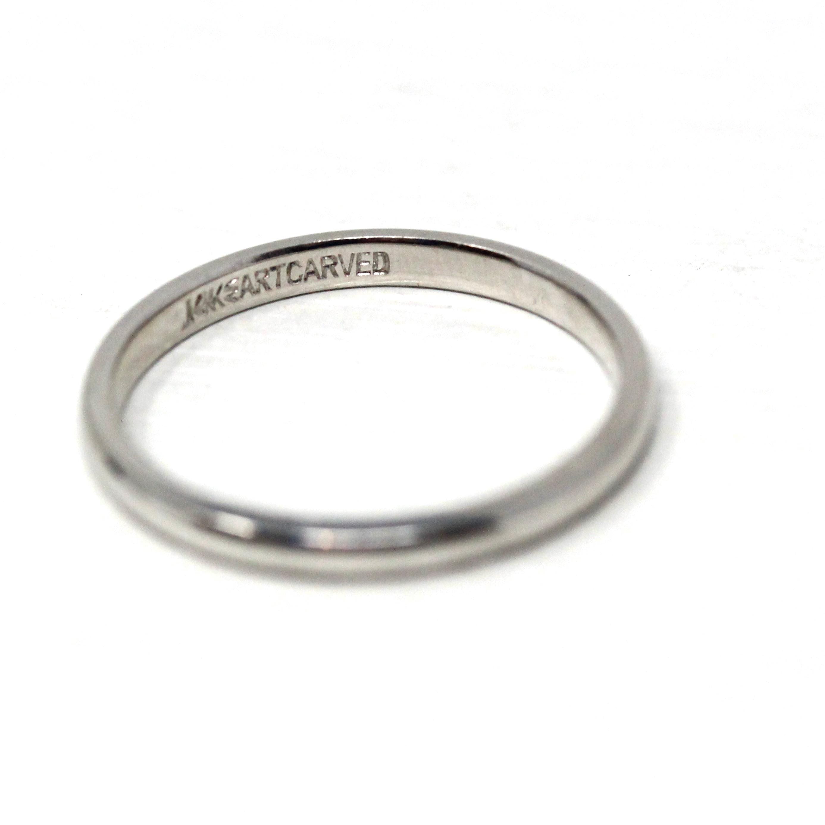 Vintage Wedding Band - Mid Century 14k White Gold Plain Stacking Ring - Circa 50s Size 7 1/2 Signed Art Carved JR Wood Bridal Fine Jewelry